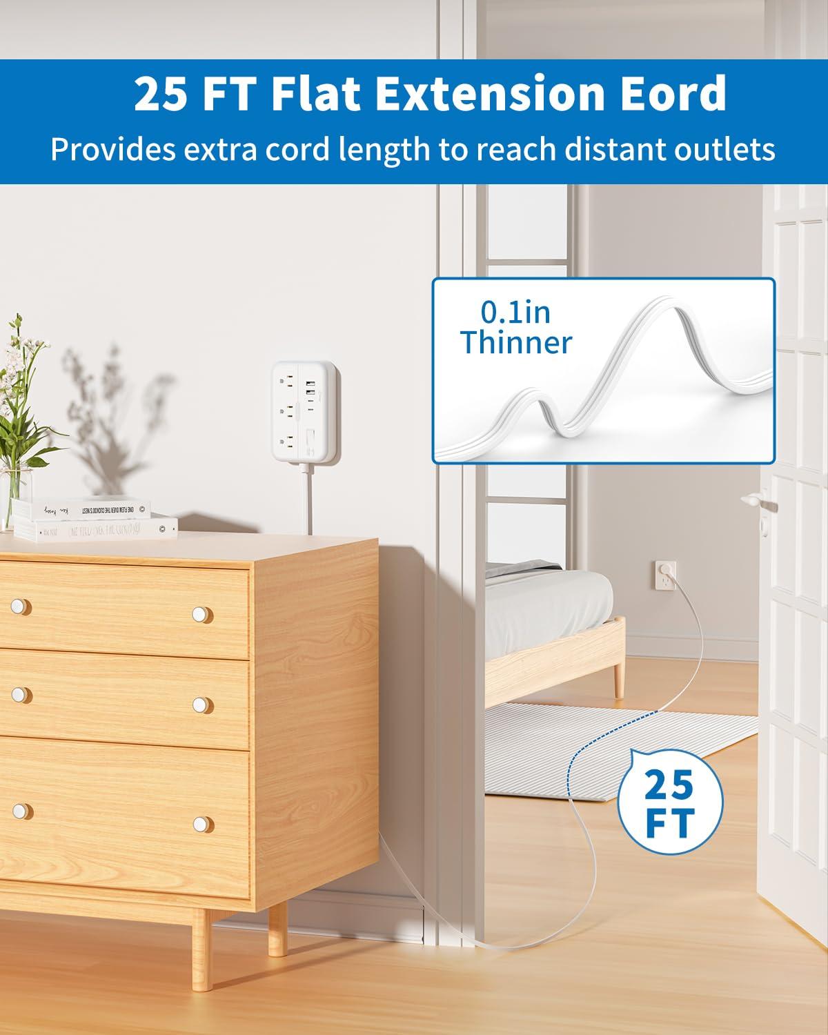 NTONPOWER Extension Cord 25 ft & 10 ft, NTONPOWER Surge Protector Power Strip with 6 Widely Outlets 4 USB Ports(2 USB C), Flat Plug, Wall Mounted, Side Outlet Extender for Indoor, Home Office, Dorm Room Essenti