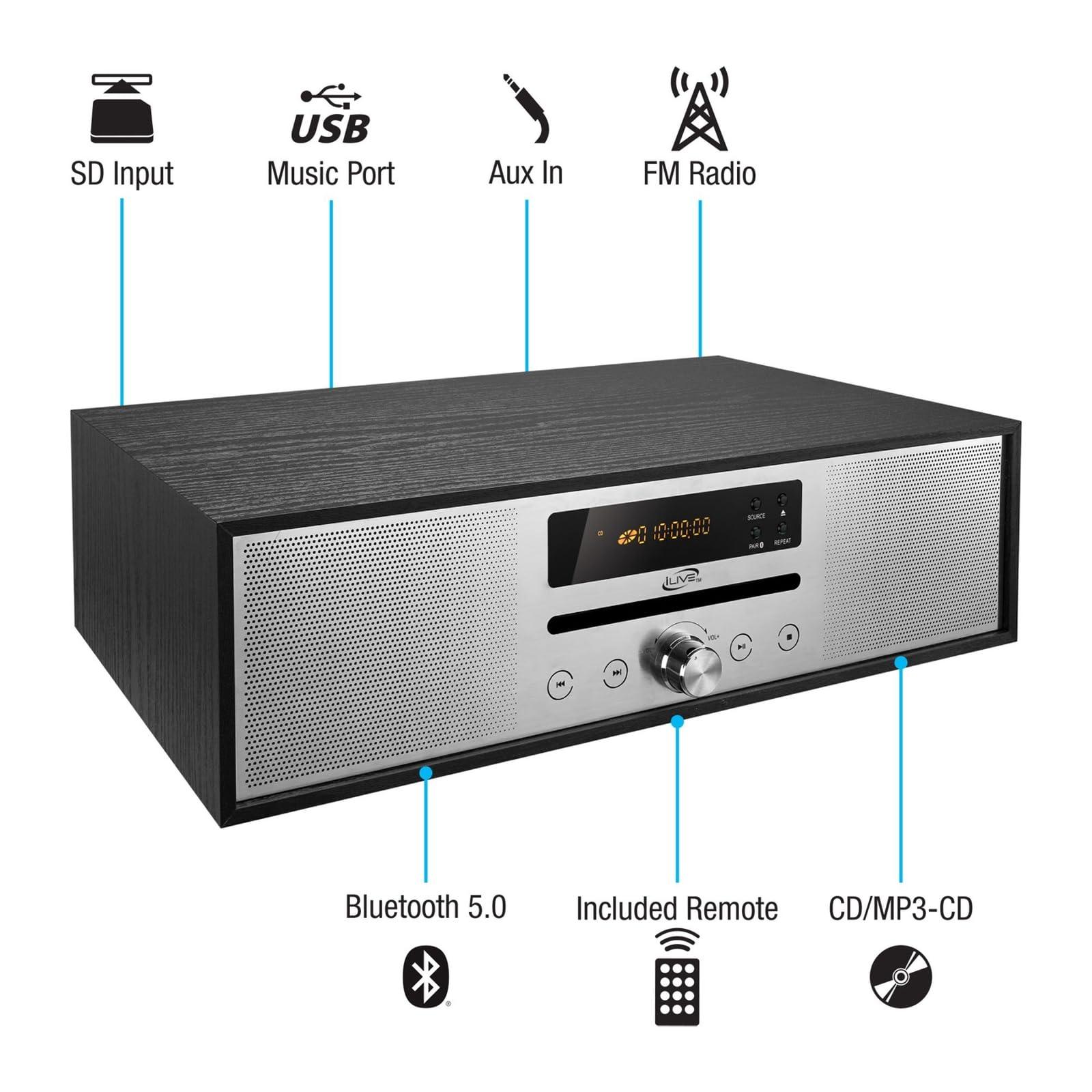 iLive iLive Bluetooth Home Music System with CD Player, Built in Stereo Speakers, Includes Remote, Black (IHB340B)