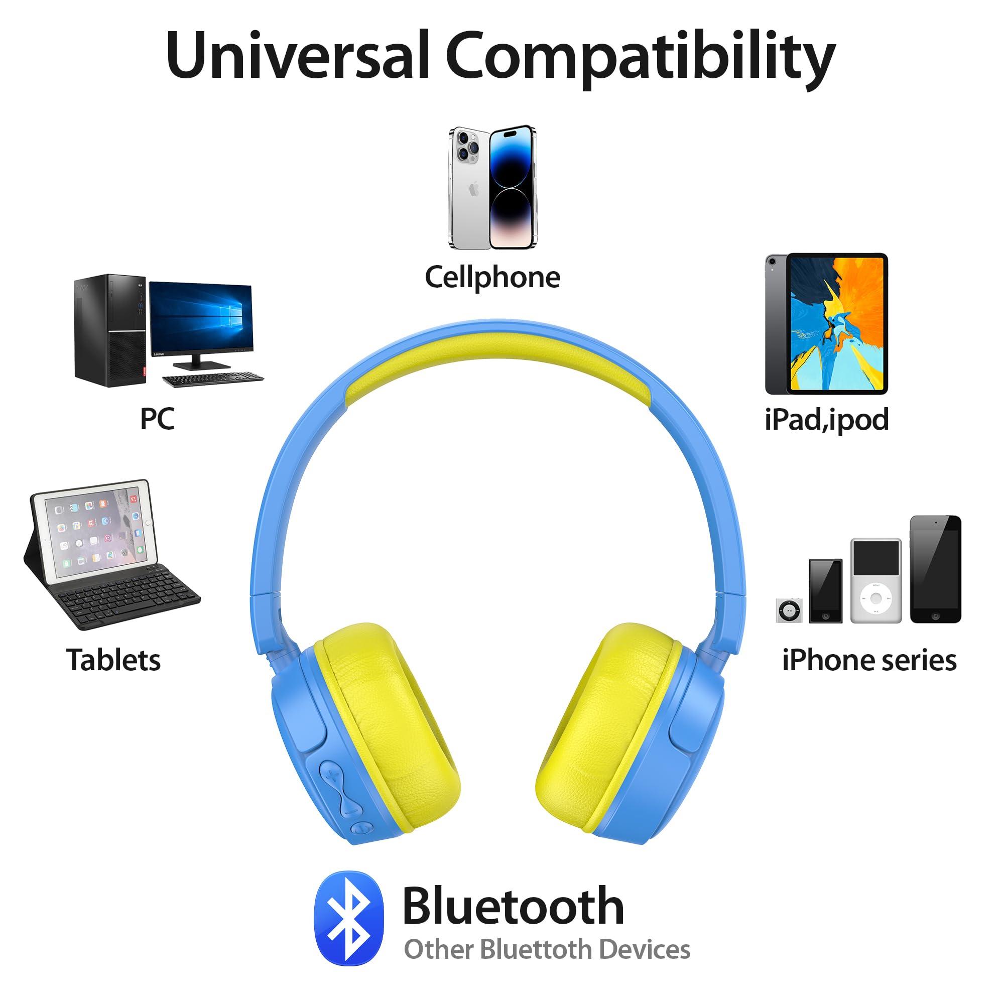 Contixo Contixo KB-5 Kids Headphones - Over The Ear Foldable Bluetooth Wireless Headphone for Kids - 85dB with Volume Limited - Toddler Headphones for Boys and Girls (Blue + Yellow)