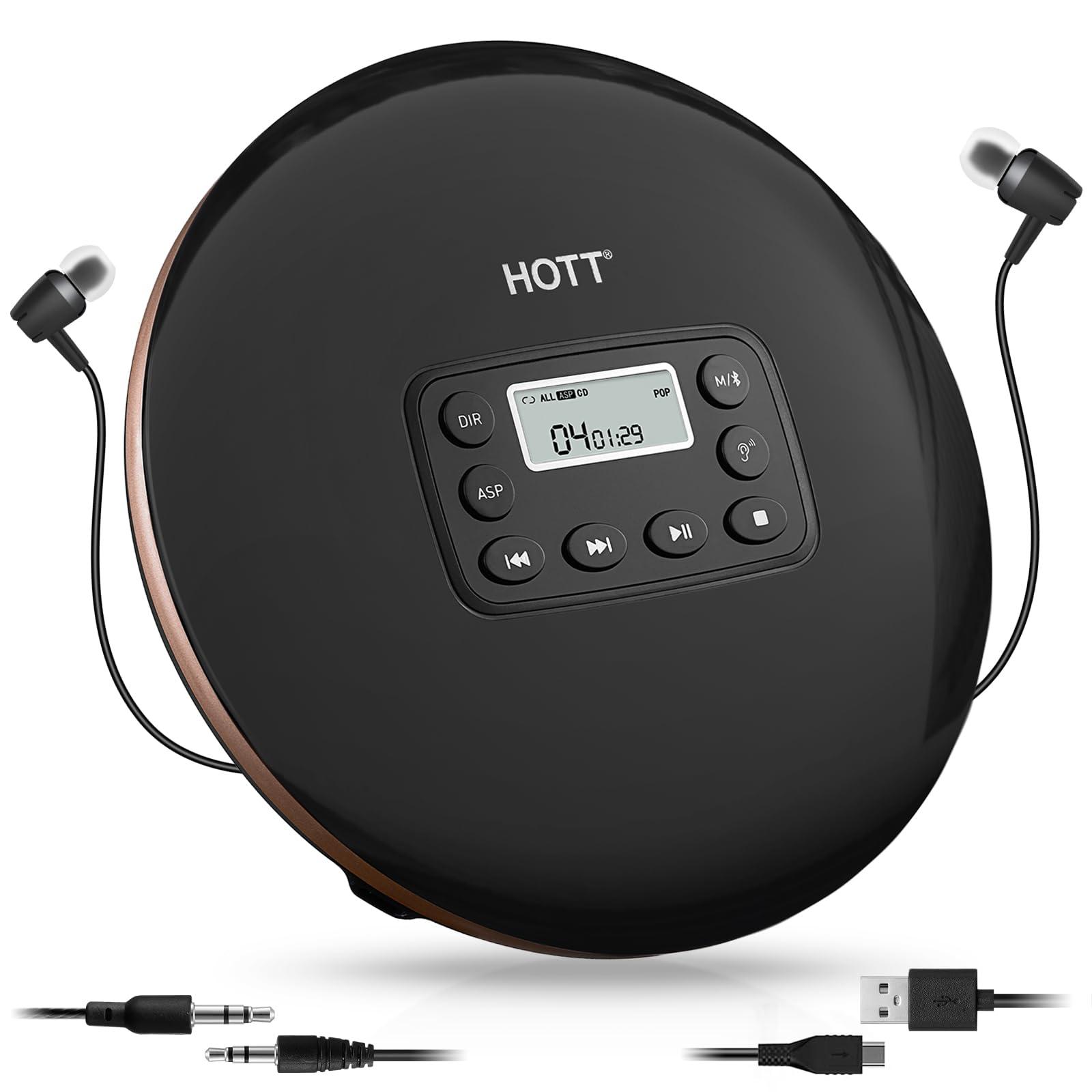 HOTT HOTT CD711T Bluetooth Rechargeable Portable CD Player for Home Travel and Car with Stereo Headphones and, Anti Shock Protection-Black