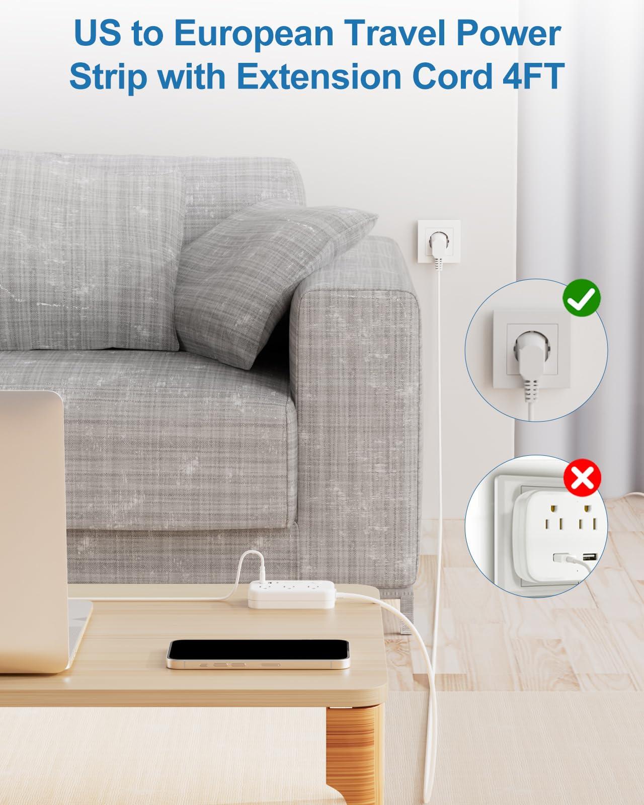 QuasarCheuk Type E F Plug Adapter, Germany France Travel Plug Adapter with 3 Outlets 3 USB PortsSchuko Plug Power Adaptor for US to Europe EU Spain Iceland Korea Greece Norway Russia German French, 4ft