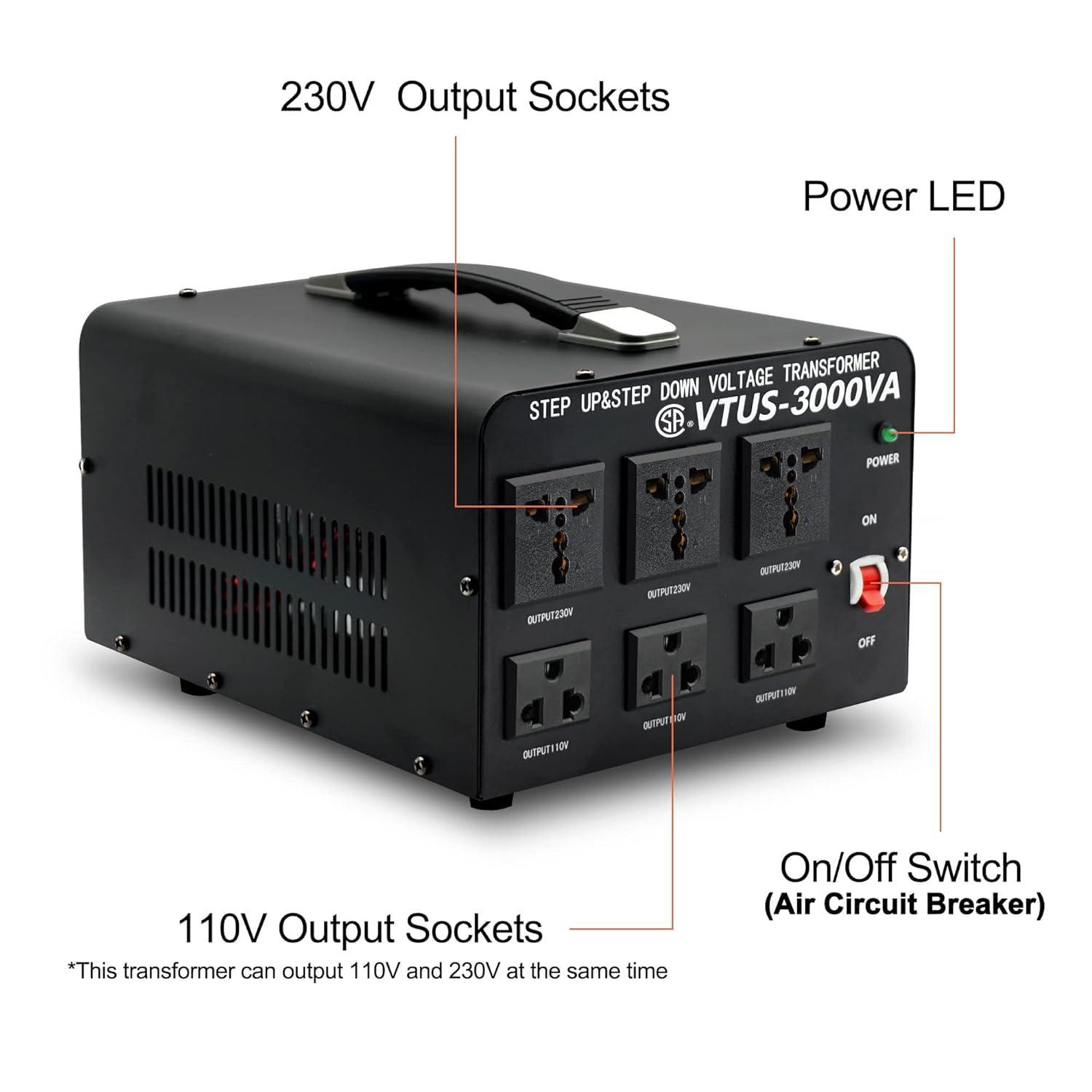 Cantonape Cantonape Voltage Transformer Converter 3000 Watt Step Up/Down Convert from 110-120 Volt to 220-240 Volt and from 220-240 Volt to 110-120 Volt with 3 US Outlets, 3 Universal Outlets