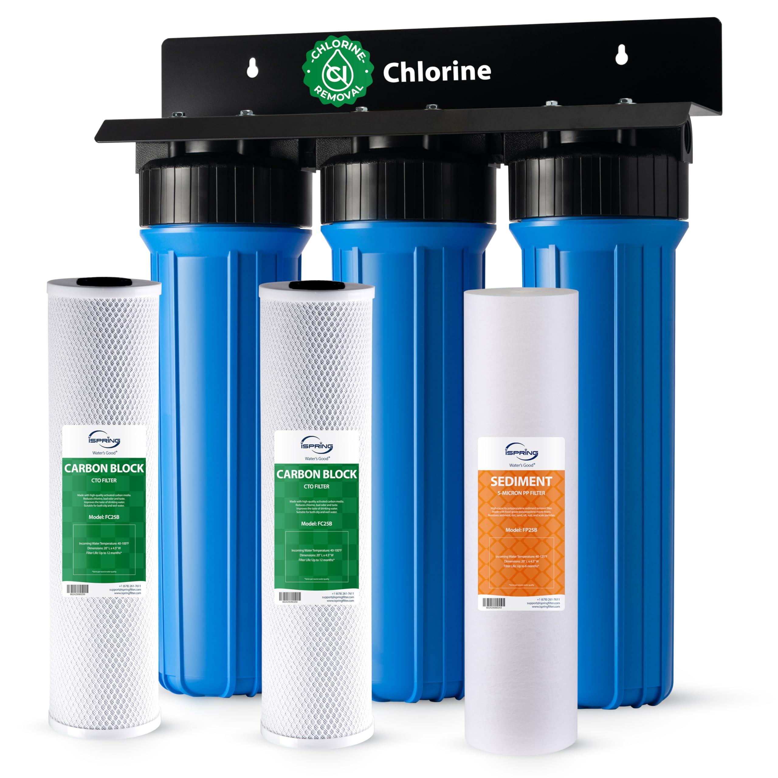 iSpring iSpring Whole House Water Filter System, Highly Reduces Sediment, Taste, Odor, and up to 99% Chlorine, 3-Stage w/ 20-Inch Sediment and Carbon Block Filters, Model: WGB32B, 1\" Inlet/Outlet