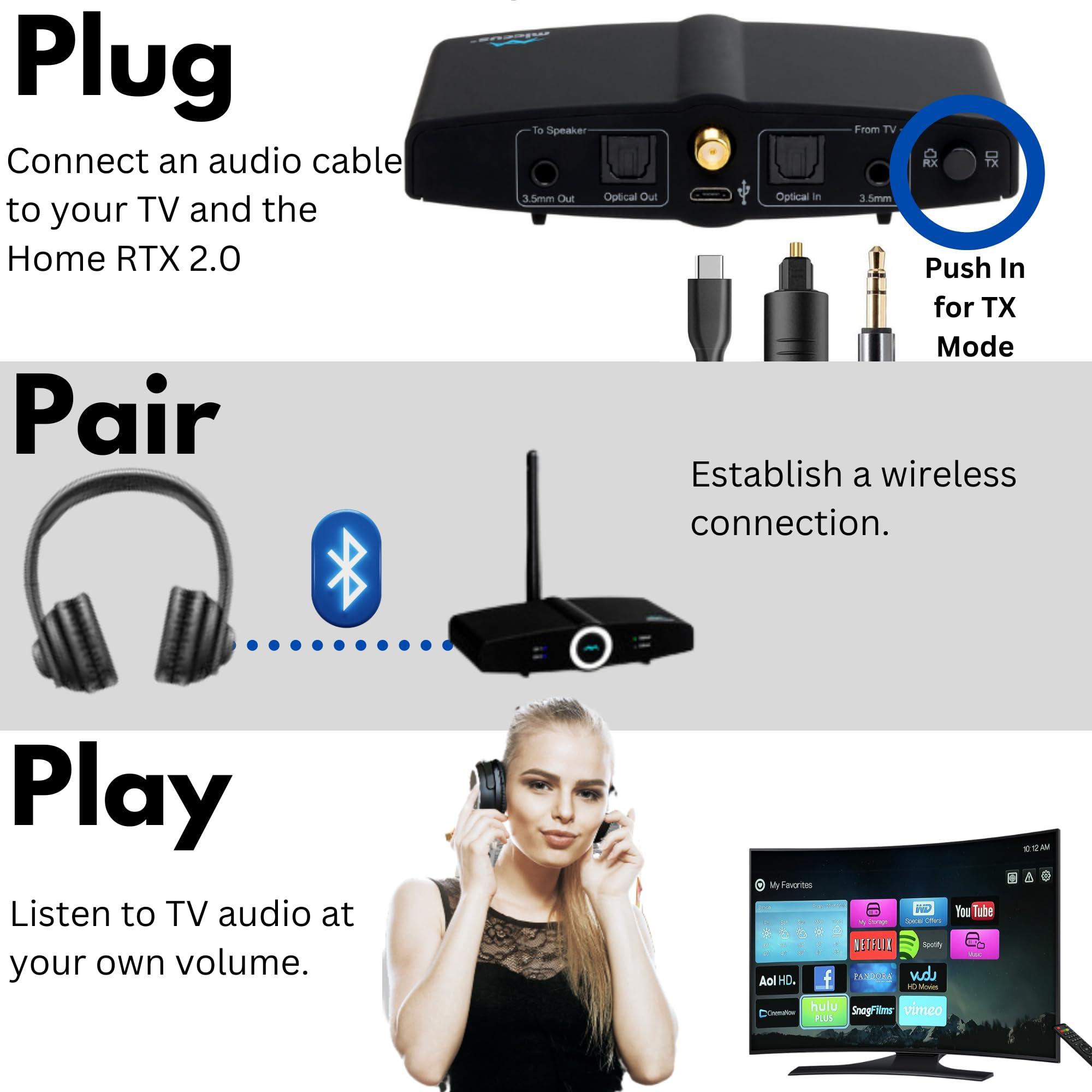 miccus Long Range Bluetooth Transmitter or Receiver, Audio Only for TV PC Stereo, Connect Speaker, Headphones, Phone, aptX Low Latency Wireless Adapter, Listen in HD No Delay Optical RCA 3.5mm (Home RTX 2.0)