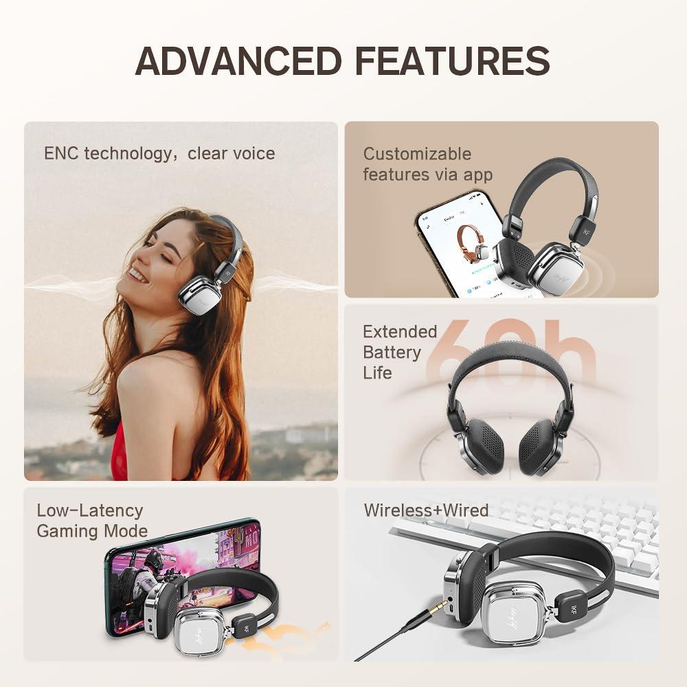 iKF iKF R2 Retro Classic Metal and Leather Grain Wireless Headphones, On Ear,Ergonomic Design,40mm Drivers, ENC Noise Cancelling, Bluetooth V5.4 & Wired Dual Mode, 60H Playtime,Throwback 80s 90s (Black)