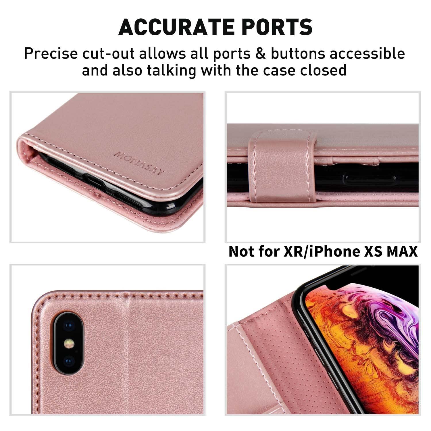 MONASAY MONASAY Wallet Case Compatible for iPhone X/iPhone Xs, 5.8-inch, [Glass Screen Protector Included] [RFID Blocking] Flip Folio Leather Cell Phone Cover with Credit Card Holder,Rosegold