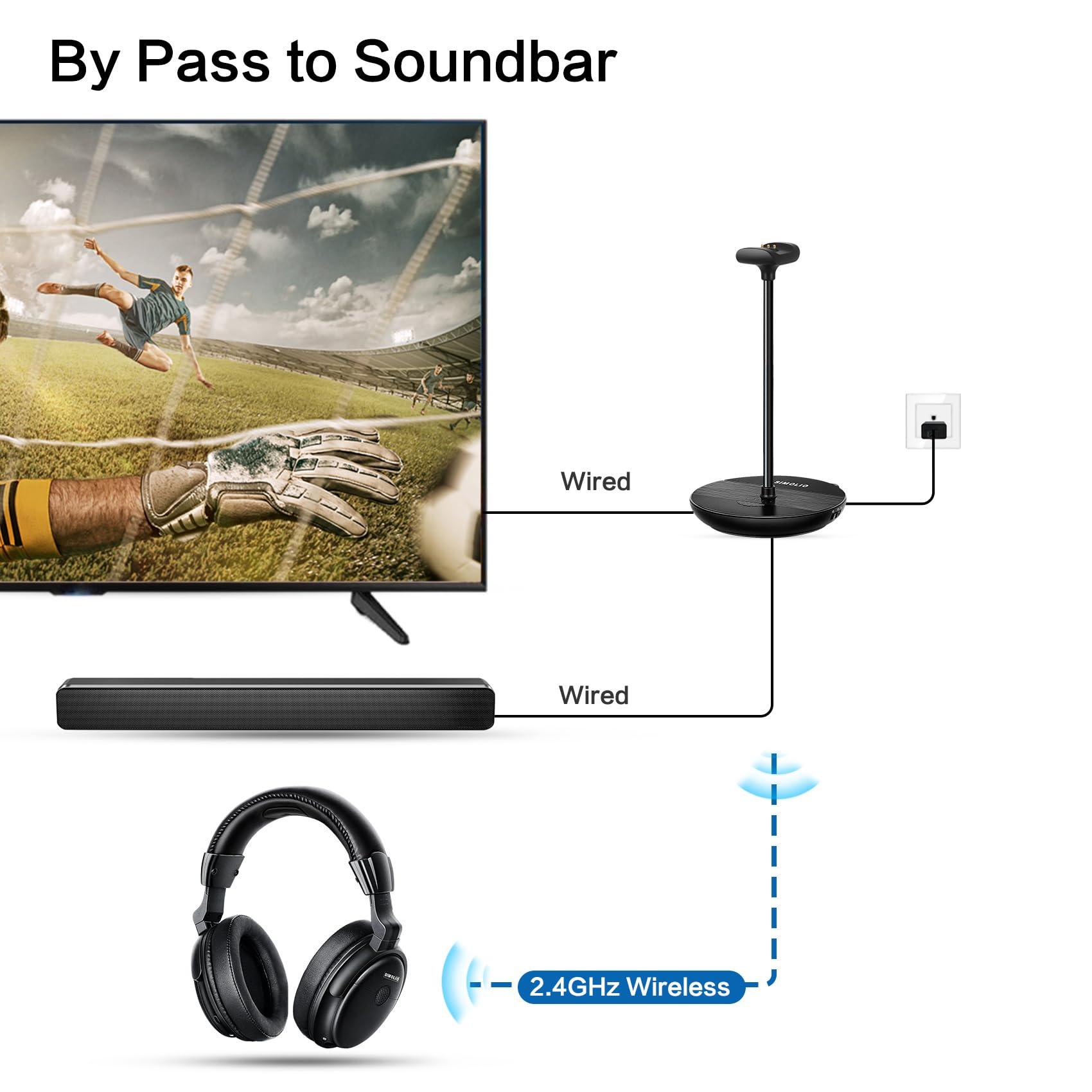 SIMOLIO SIMOLIO Wireless Headphones for TV with Clear Dialog Mode, Boosted Volume & Spare Battery for Seniors, Comfortable TV Watching w/L/R Balance, by-Pass, Charging/Transmitter Stand 2-in-1, No Pairing