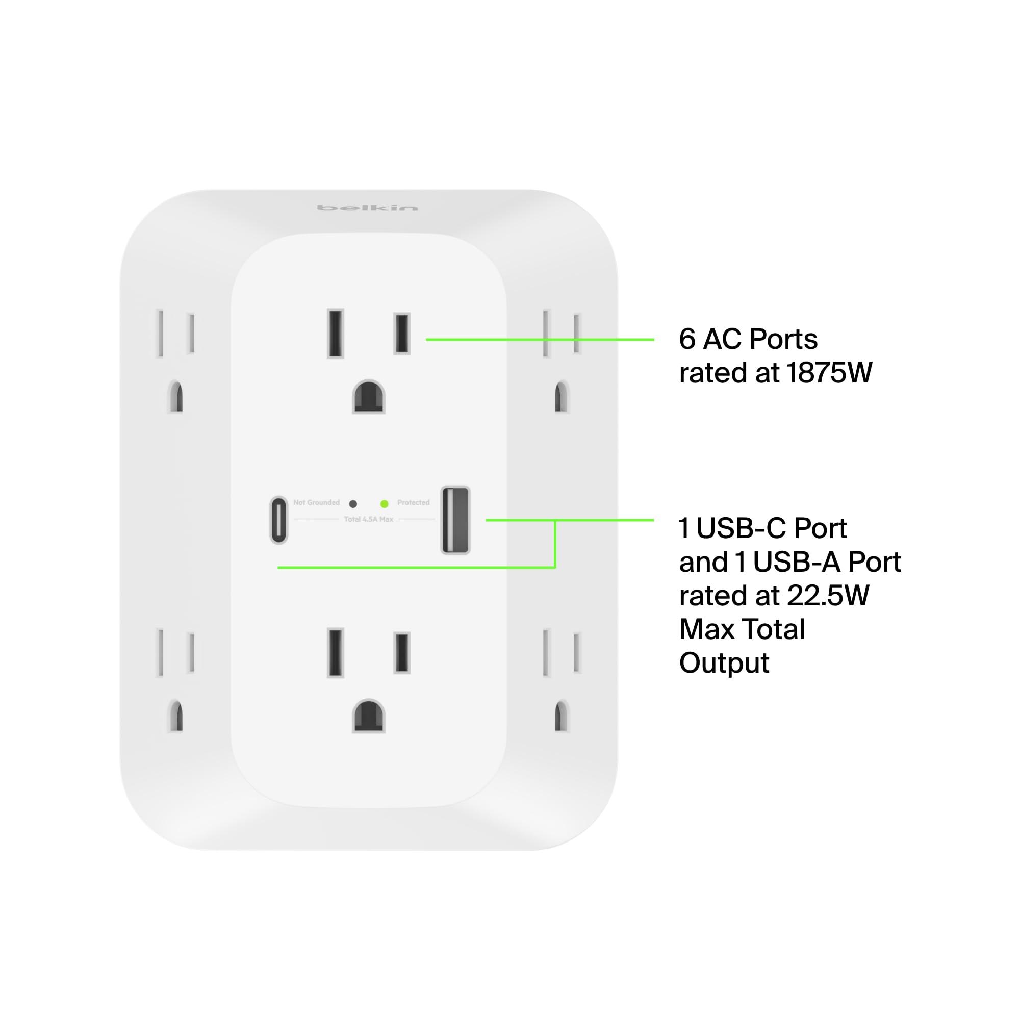 Belkin Belkin 6-Outlet Surge Protector Power Strip, ETL-listed, Wall-Mountable w/ 6 AC Outlets, Overvoltage Protection, LED Indicator, USB-C & USB-A Ports w/ USB-C PD Fast Charge - 1,680 Joules of Protection