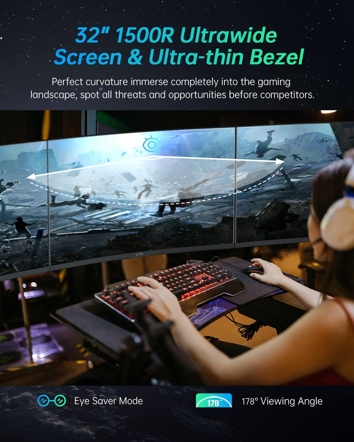 KTC KTC 32 inch Curved Gaming Monitor, 2K 170Hz Monitor, 1440P 144Hz Monitor, 1500R Frameless, 1ms, HDR, FreeSync Premium, DisplayPort/HDMI/USB, VESA Wall Mount, PC Monitor, H32S17