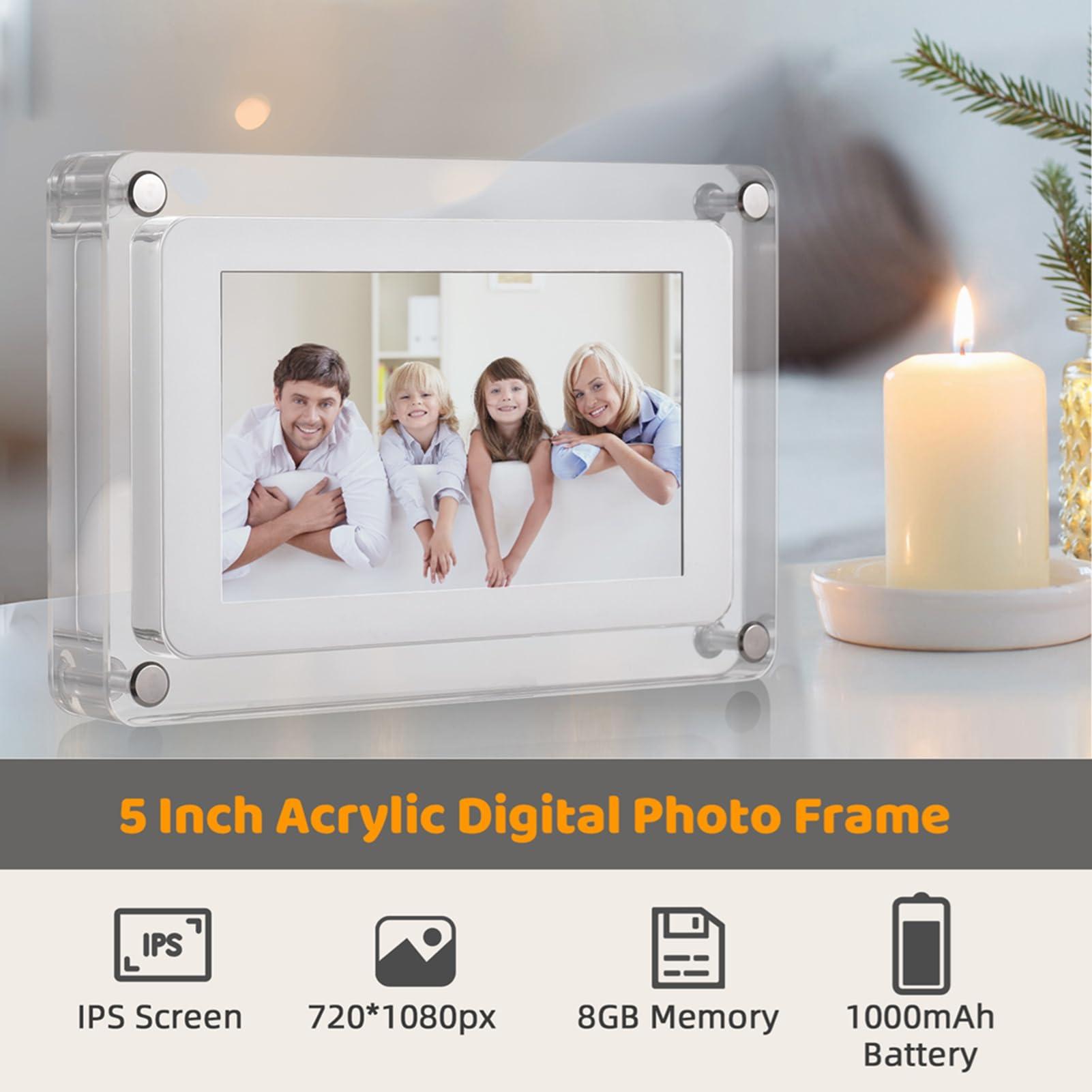 ZJchao Digital Picture Frame, 5 Inch Acrylic Digital Photo Frame Digital Photo Frame Picture Frames with Auto Rotation Cleaning Cloth for Home Office Decor Display Vid Photos Music