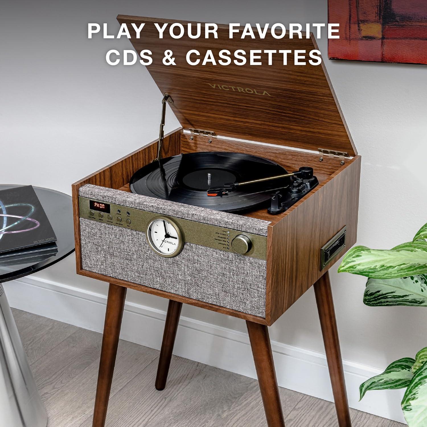 Victrola Victrola Century 6-in-1 Vinyl Record Player & Music Center - 3-Speed Turntable, CD & Cassette Player, VINYLSTREAM, Bluetooth & 3.5mm Aux, Record Player with Speakers, Mid Century Design, Walnut