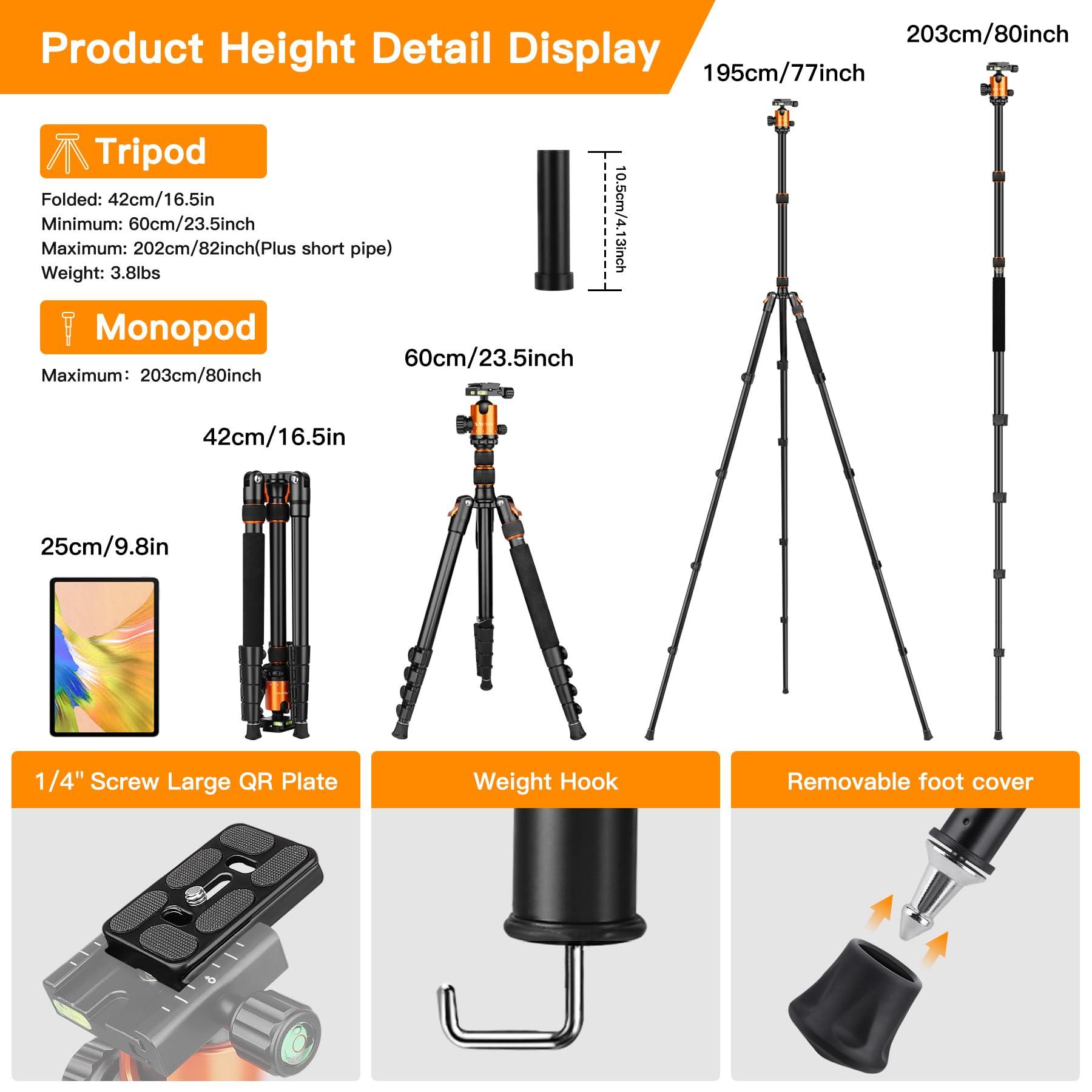 Victiv 82" Tall Camera Tripod Heavy Duty, Victiv Aluminum DSLR Tripod Monopod for Photography Travel, Professional Camera Stand for Spotting Scope Telescope Binocular