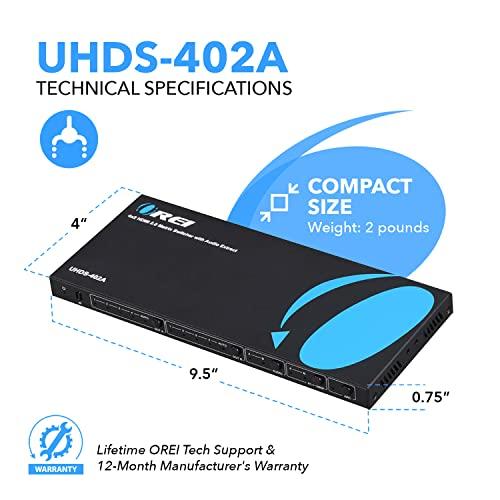 OREI OREI 4K HDMI Matrix Switch 4 X 2, Switcher 18G UltraHD with Arc Supports Upto 4K @ 60Hz & 1080P IR Audio Extractor Arc EDID HDCP 2.- Remote Control - Full Matrix Selection