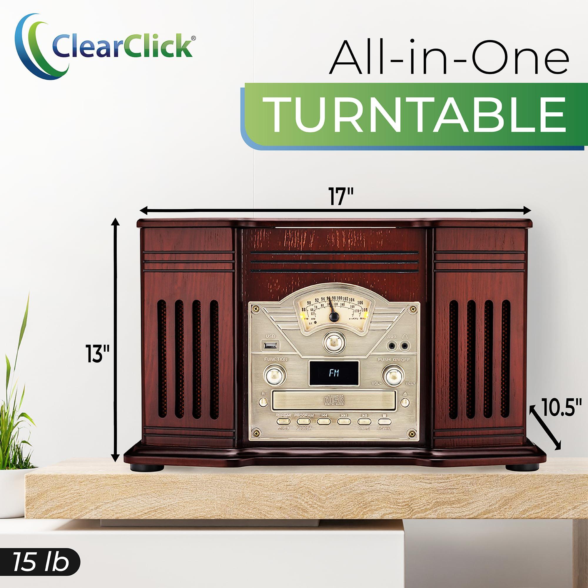 ClearClick ClearClick All-in-One Turntable with 3-Speed Record Player, Bluetooth, CD, Cassette Tape, AM/FM Radio, Aux, USB, Built-in Speakers, Handmade Wooden Exterior