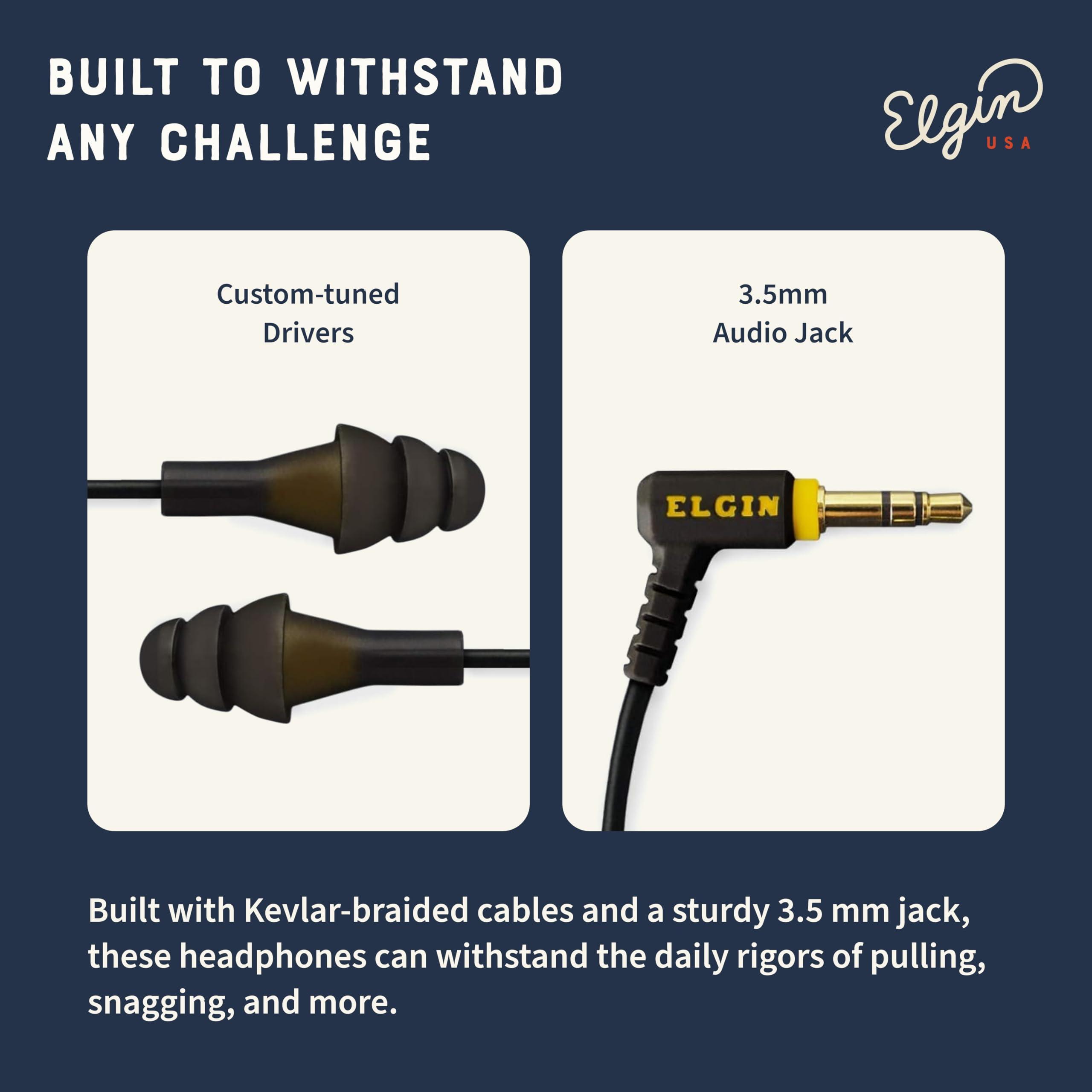Elgin Elgin Ruckus Earplug Headphones, ANSI Certified 25dB Noise Reduction, IP65 Rated for Dust and Water Resistance, Ideal for Construction and Outdoor Work, Durable w/Kevlar-Braided Cables, Stealth Black