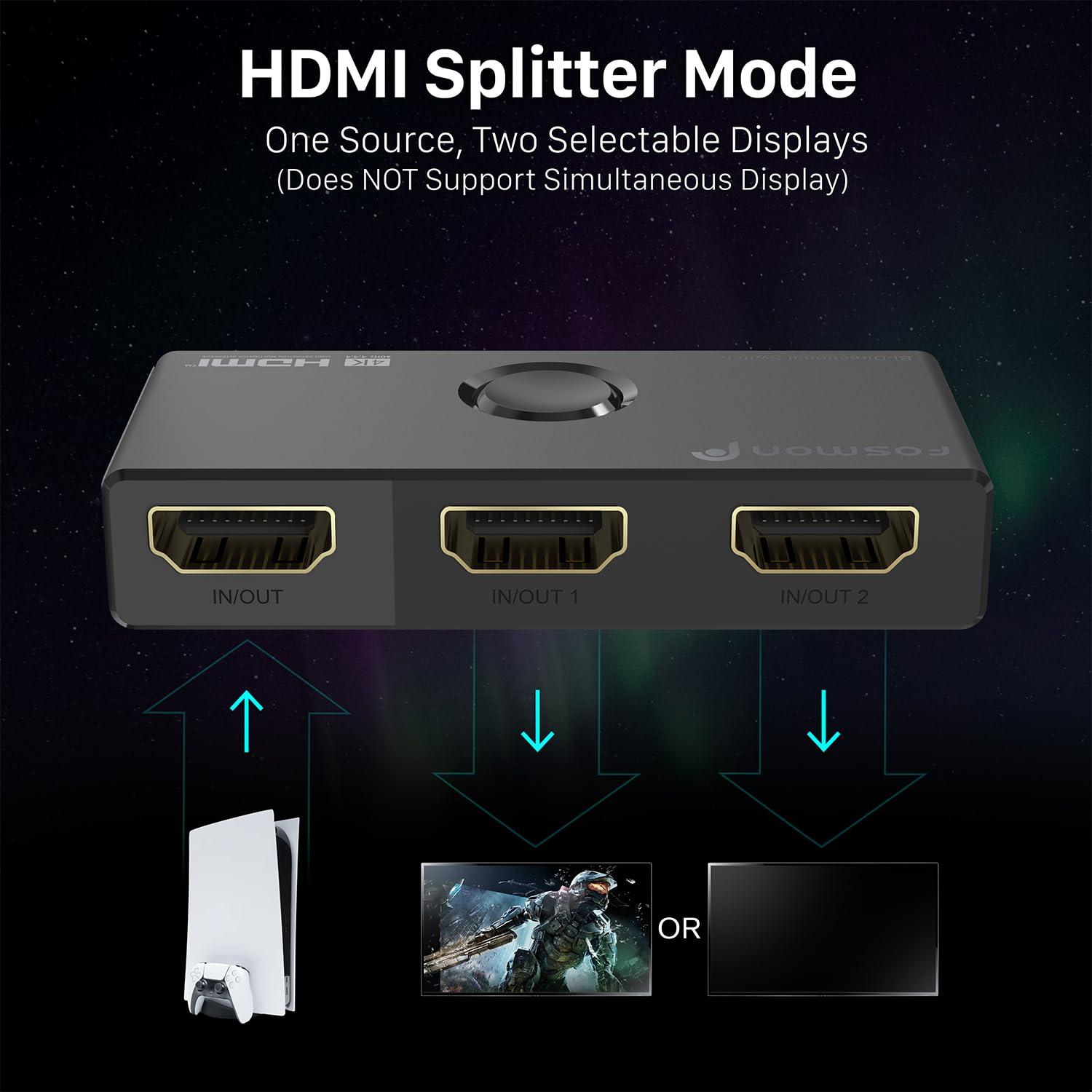 Fosmon Fosmon 4K HDMI Switch 4K@60Hz, Bi-Directional 1 in 2 Out / 2 in 1 Out HDMI Switcher, High Speed 18Gbps Splitter Selector Compatible with PS5, PS4, Xbox, Roku, Apple TV, Fire Stick