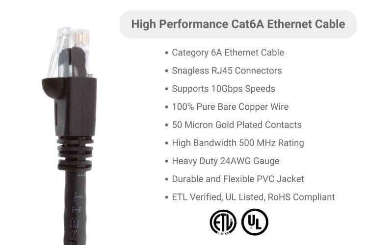 CablesAndKits CablesAndKits - Cat6a Ethernet Cable, Booted, Jacket: PVC (CM), 25 ft, Black, Pure Copper, RJ45 Computer & Networking Patch Cord