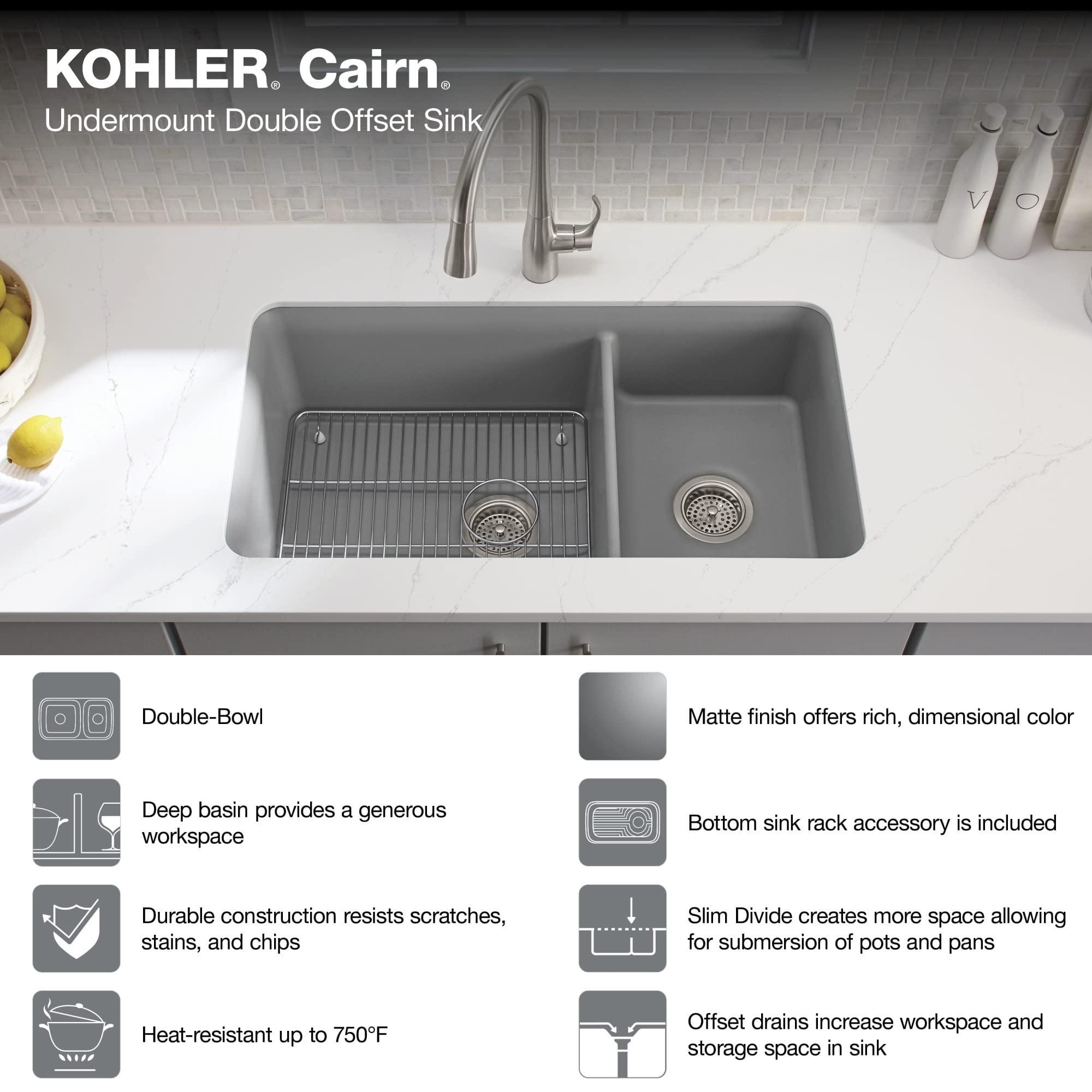 Kohler KOHLER K-8204-CM1 Cairn Sink, 33\" Neoroc Composite Undermount Double-Bowl Kitchen Sink, Composite Kitchen Sink with Sink Rack, Matte Black