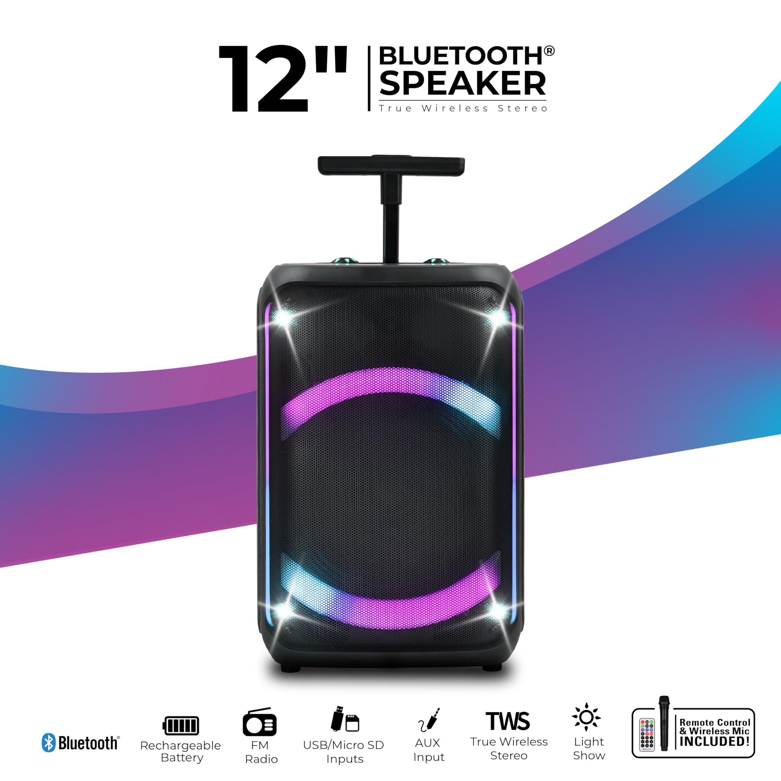 Supersonic IQ Sound IQ-5912DJBT 12-inch Portable Bluetooth Speaker with True Wireless Stereo, Colorful LED Lights, Full Control Panel, USB, Micro SD, AUX Inputs, FM Radio, Mic Input - Perfect Sound Companion