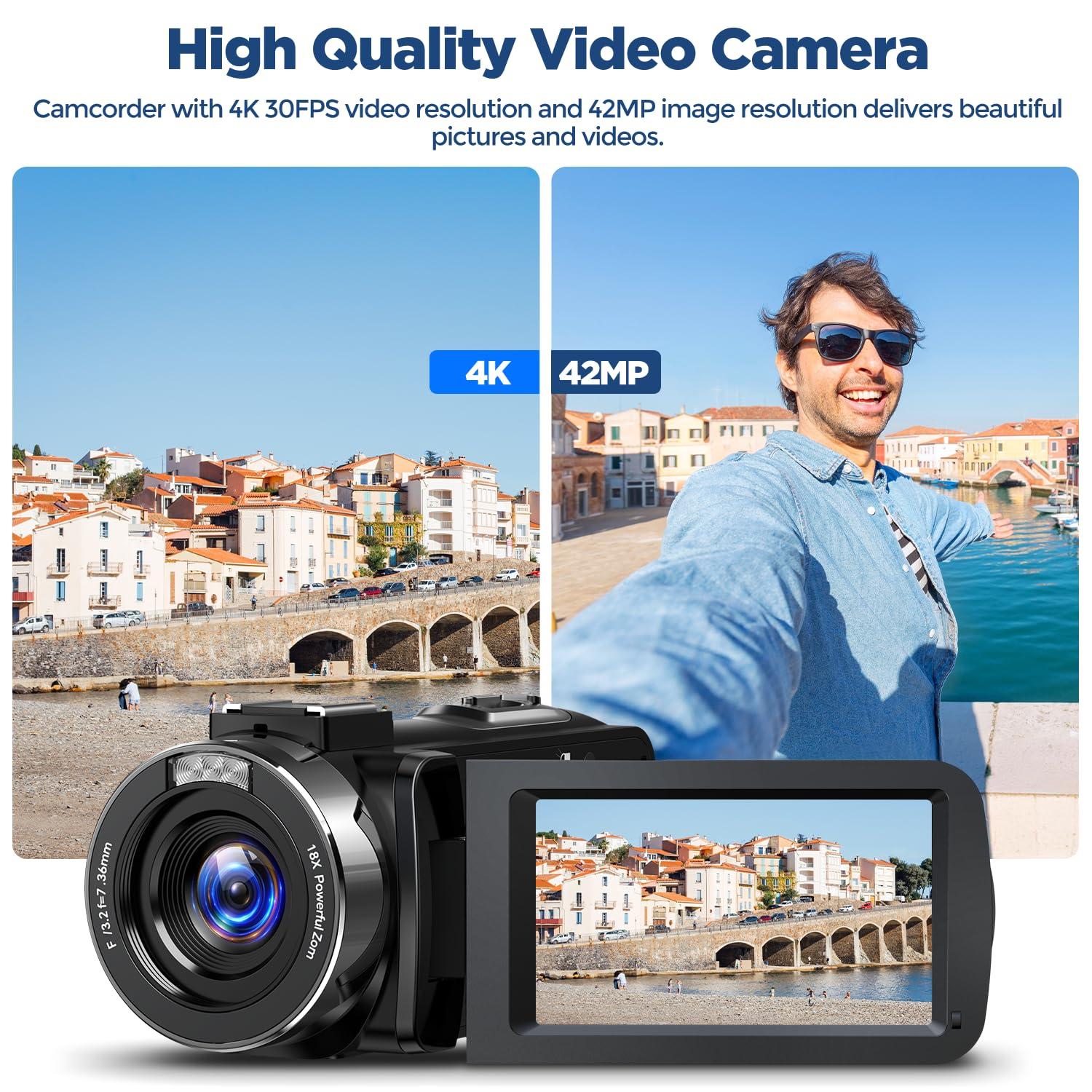 CAMWORLD 4K Video Camera Camcorder Digital Camera Recorder 42MP YouTube Vlogging Camera 18X Digital Zoom 3 270 Rotation Screen Camcorders camera with Microphone, Remote Control, 2 Batteries, 32G SD Card