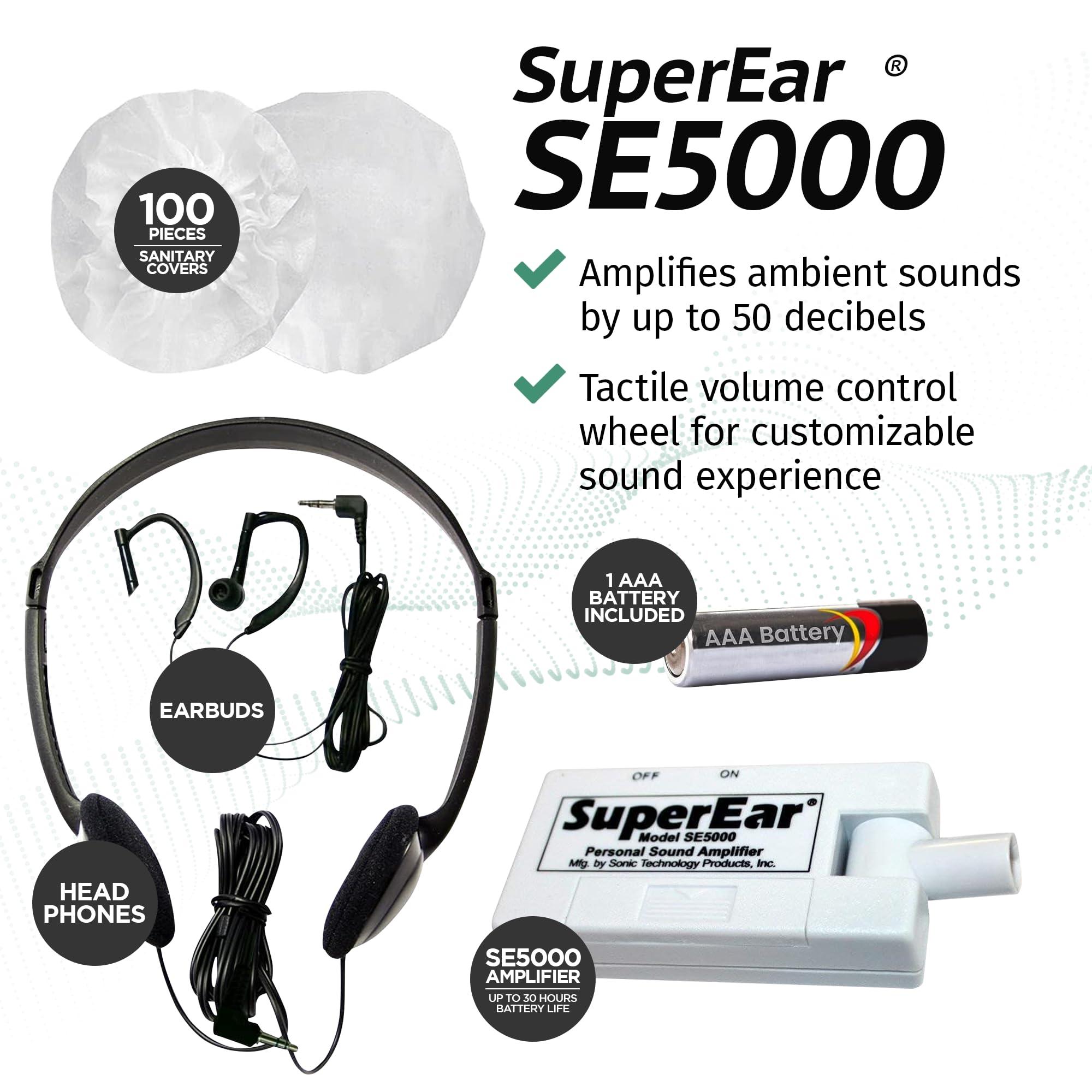 SuperEar SuperEar Bundle: Personal Sound Amplifier Model SE5000 (PSAP) Pocket-Size Audio Amplifier with Headphones and Earbuds for Listening Assist & 50 Pair, 2.5" Disposable Sanitary Ear Covers for Hygiene