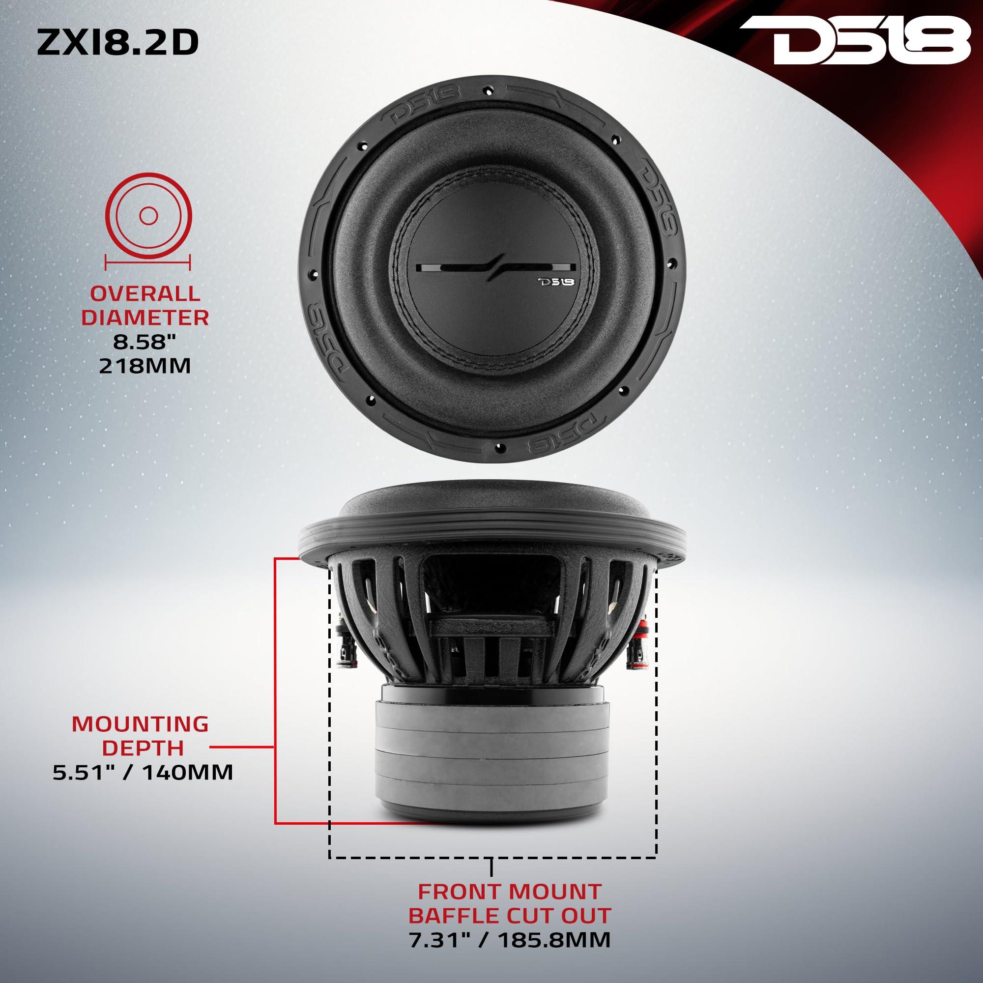 DS18 DS18 ZXI8.2D High Excursion 8" Car Audio Subwoofer 1200W Watts DVC 2-Ohms Quad Stacked Magnets. High Performance Bass for Vehicle Stereo Sound System (1 Subwoofer)