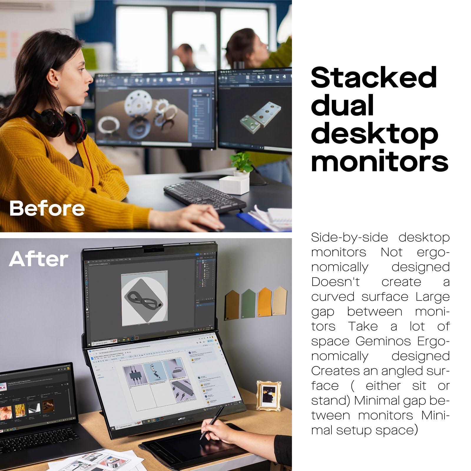 MP Mobile Pixels Geminos, Dual 24" IPS Stacked Computer Monitors with 65W USB-C Charging, with Adjustable Viewing Angle and 1080p Webcam and 3W Speakers, Multiport Docking Station (Desktop Monitor)