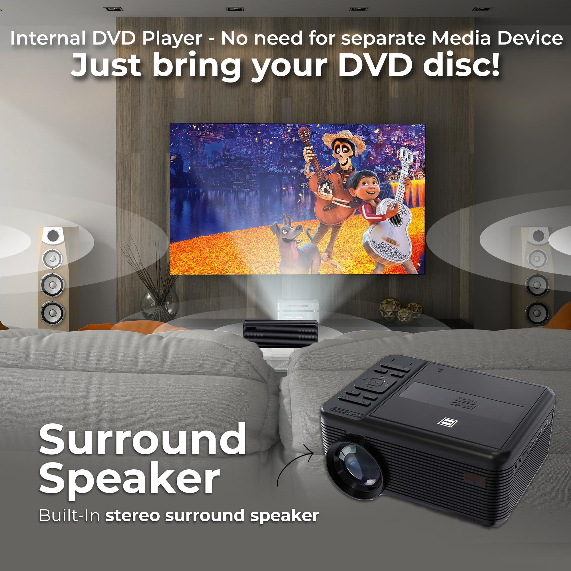 RCA RCA DVD PROJECTOR WITH SPEAKER BUILT IN - Mini Portable Projector with Bluetooth - Indoor/Outdoor Projector and Screen Package - HDMI/AV/VGA/Micro SD Compatible - Quiet Fan System - 1920x1080 Res