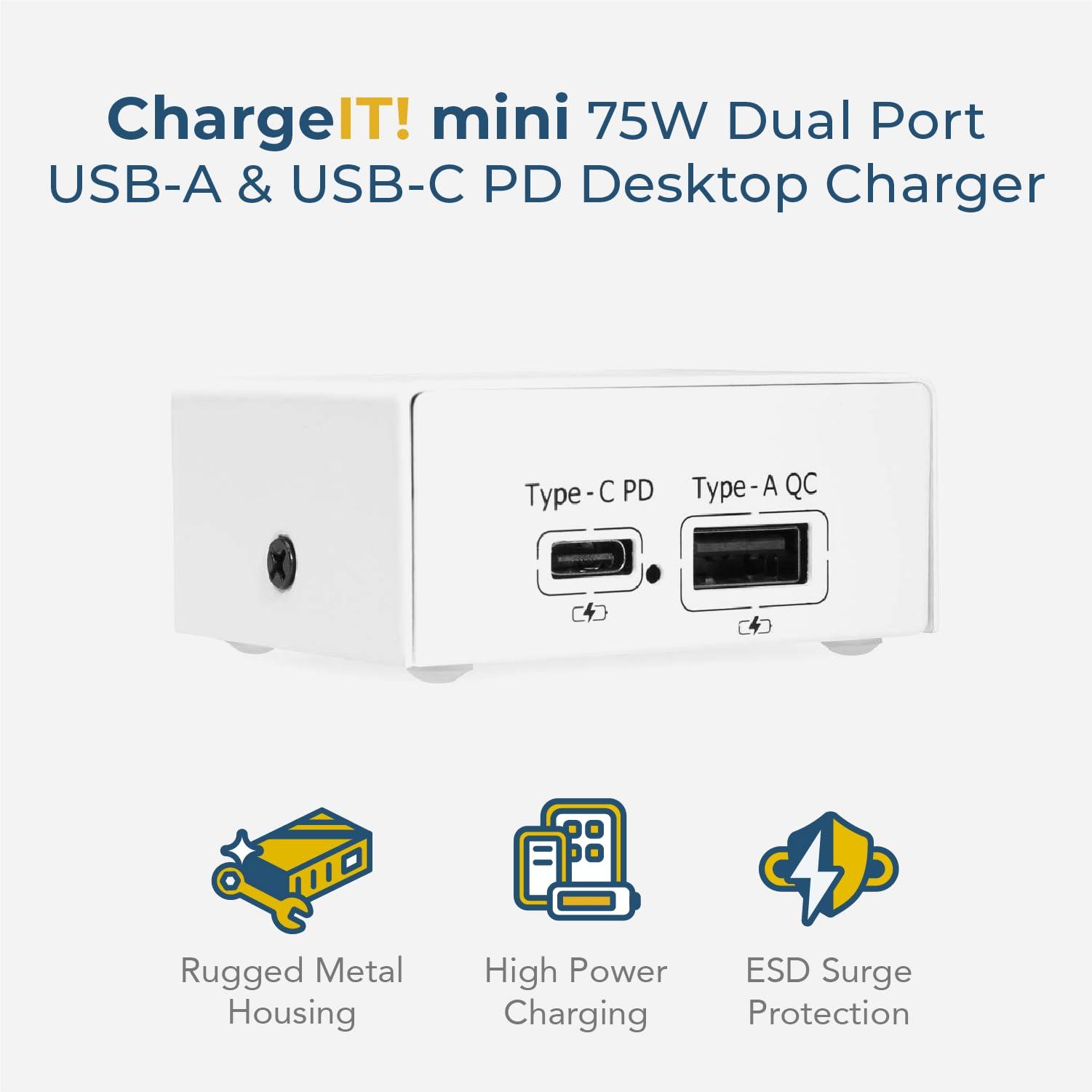 Coolgear ChargeIT! 75W Dual USB Desktop Charger - USB-A & USB-C PD Charger w/PPS for Offices, Labs, and More