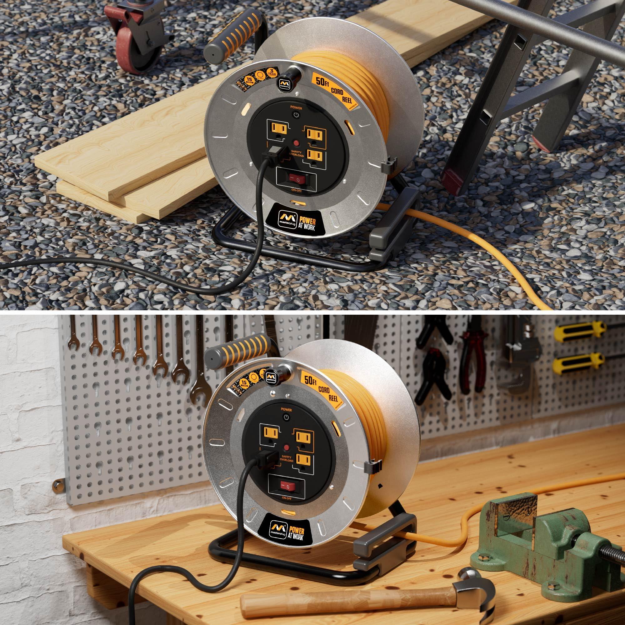 Masterplug Masterplug 50ft Cord Reel, Metal Steel Cable Drum, Retractable Extension Lead with Winding Handle, Safety Overload Circuit Breaker and Power Switch, 4x Grounded Outlets, 15amps, 12AWG Cable