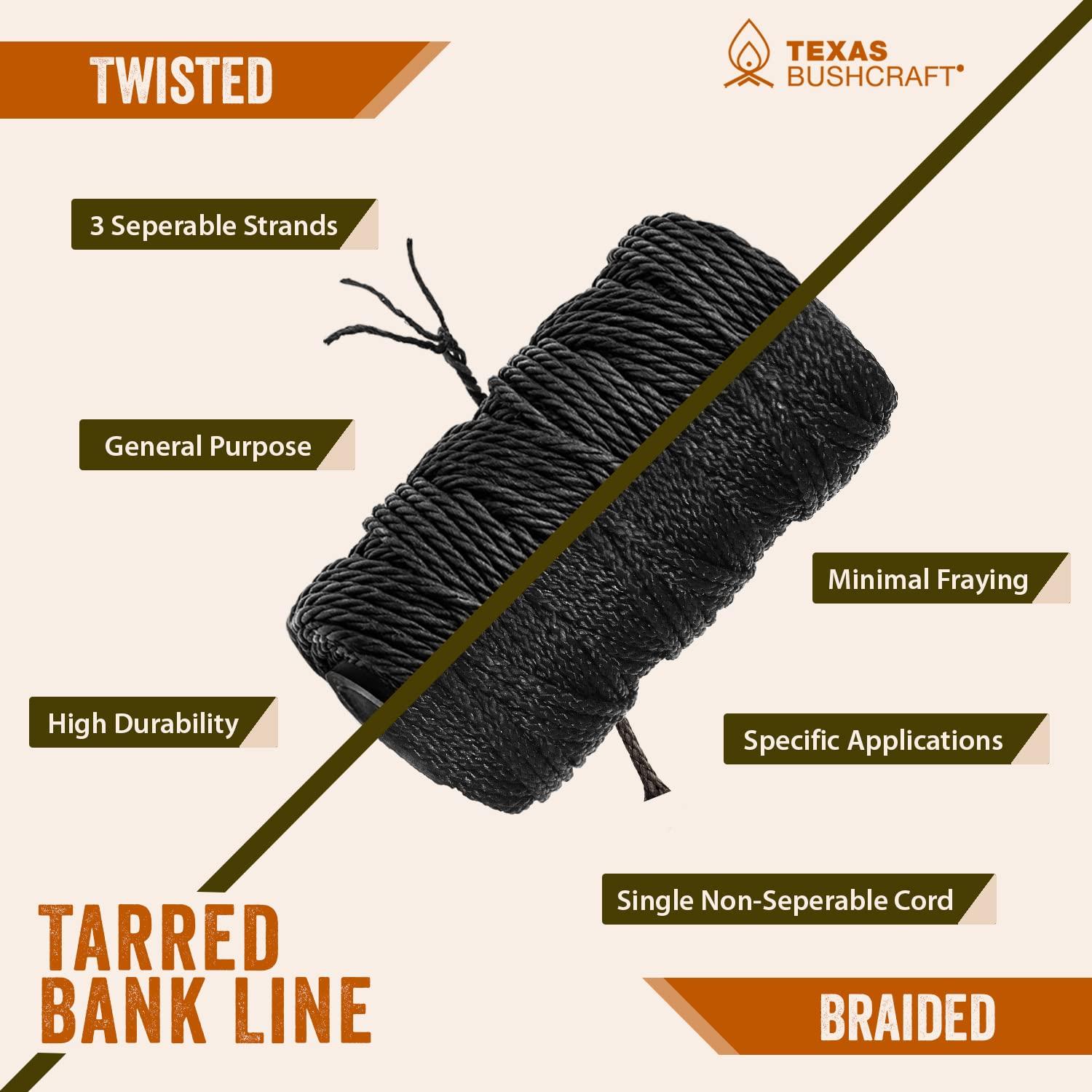 Texas Bushcraft Texas Bushcraft Tarred Bank Line Twine - #36 Black Nylon String for Fishing, Camping and Outdoor Survival Strong, Weather Resistant Bankline Cordage for Trotline (1/4 lb - #36 (131 ft), Braided)