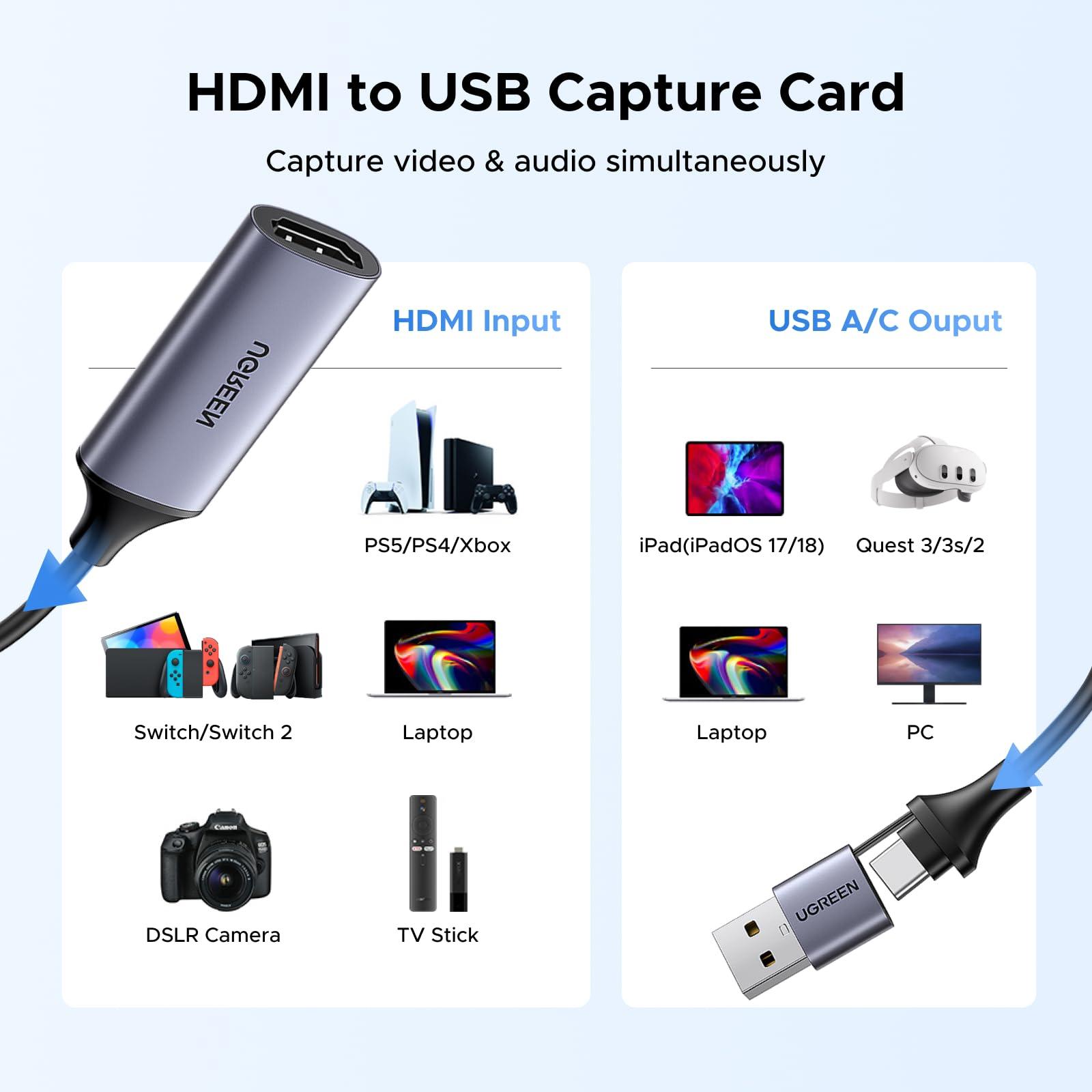 UGREEN UGREEN Full HD 1080P Video Capture Card 4K HDMI to USB-A/USB-C HDMI Capture Card USB 2.0 Capture Video and Audio Recording for Gaming, Streaming, Teaching, Video Conference