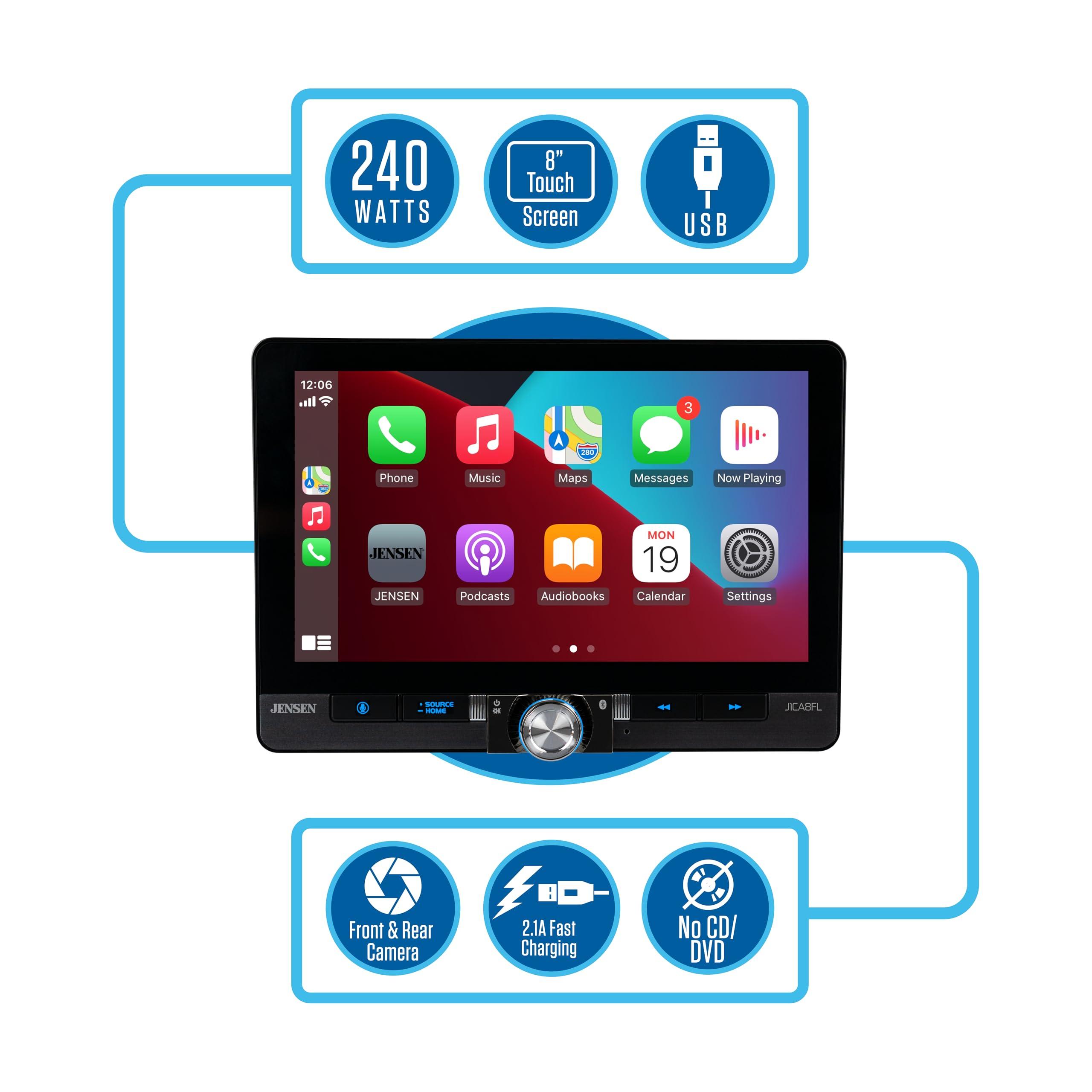 Jensen Jensen J1CA8FL-BUC 8-inch Certified Apple CarPlay Android Auto Wired or Wireless | Single DIN and Double DIN Touchscreen Car Stereo Radio | Bluetooth | USB Charge | Backup Camera Included