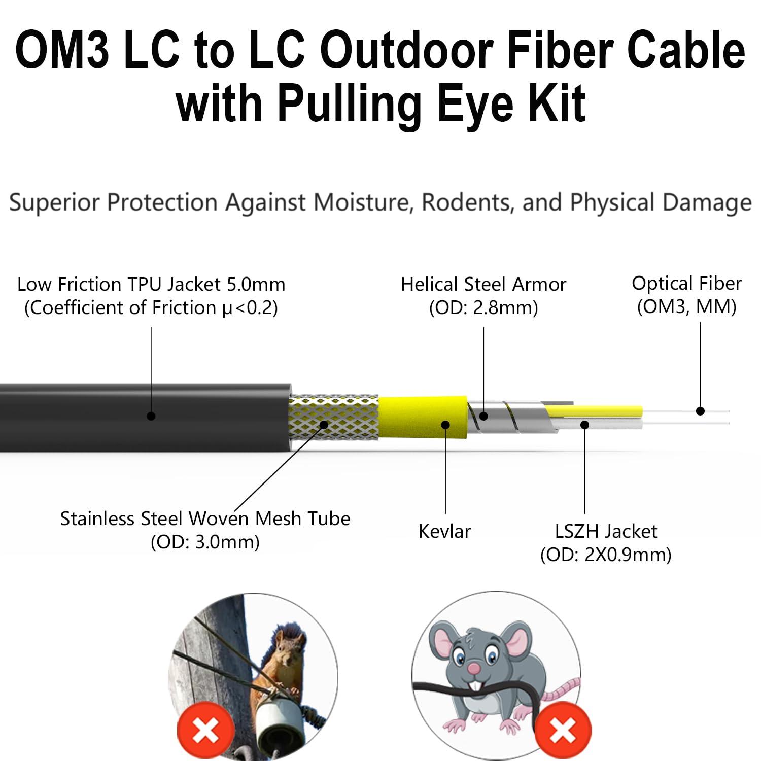 FLYPROFiber FLYPROFiber- OM3 LC to LC Fiber Patch Cable Outdoor Armored 300m/984ft, Duplex Multimode, Uniboot Industrial TPU, with Pulling Eye Kit, 10GB/40GB, 50/125um, OD-5mm