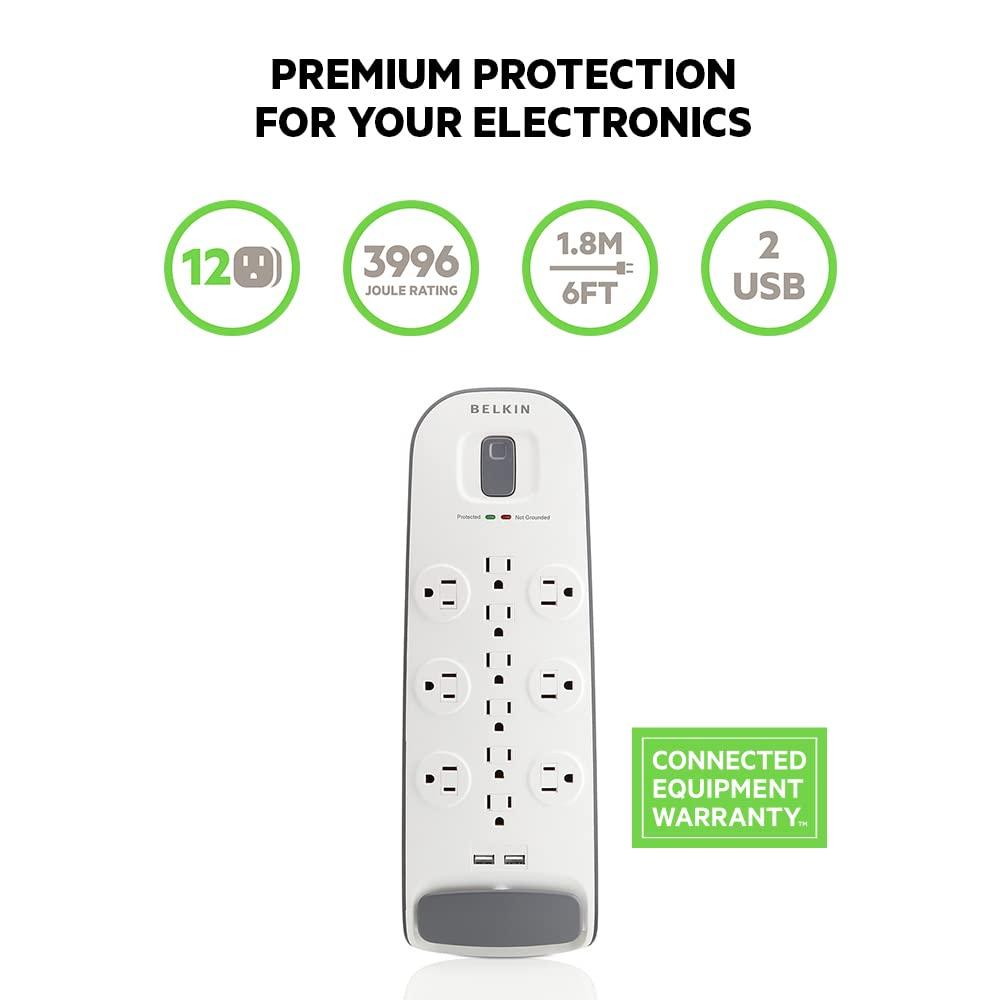 Belkin Belkin 12-Outlet USB Power Strip Surge Protector, Flat Plug, 6ft Cord (3,996 Joules), White - Pack of 3