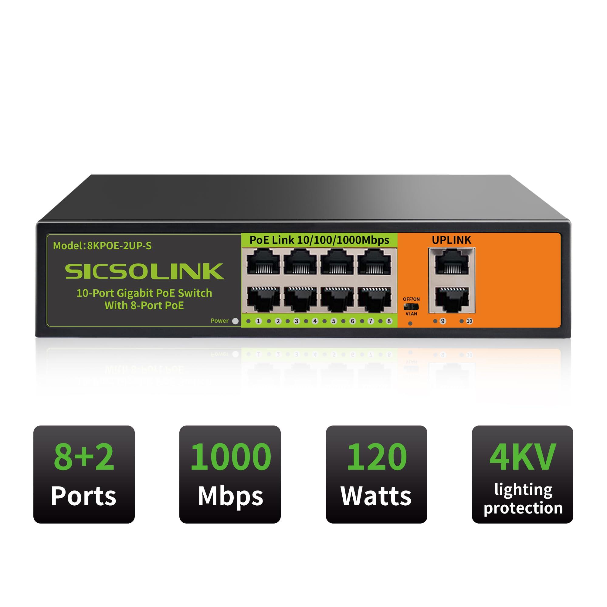 SICSOLINK SICSOLINK Gigabit Ethernet Network PoE Switch, 8 PoE Ports @120W with 2 Uplink Ports, Support 802.3af/at, Unmanaged, VLAN, for PoE Security Camera, AP (10 Gigabit Ports I 8*PoE+ 2*Uplink)
