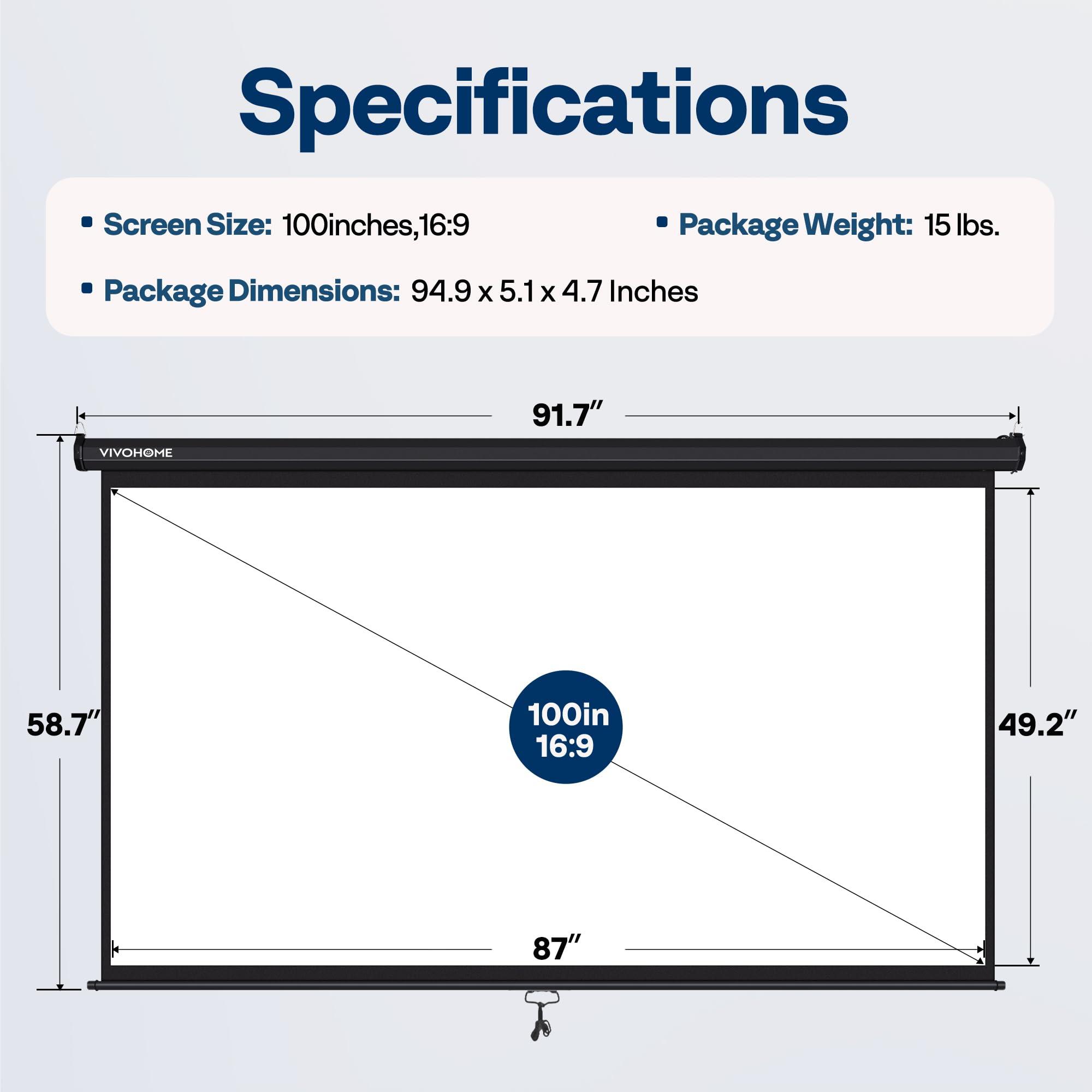 VIVOHOME VIVOHOME Projector Screen Pull Down, 16:9 100 Inch Retractable Projection Screen, HD 4K Manual Pull Movie Screen for Home Theater, Cinema, Office (87x49 Inch Black)