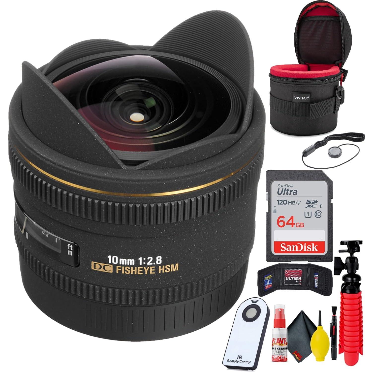 Sigma Sigma 10mm f/2.8 EX DC HSM Fisheye Lens for Sigma Digital Camera + 64GB SD Card + Lens Cap + Lens Case + Memory Card Wallet + Tripod + Wireless Remote Shutter + Cleaning Kit