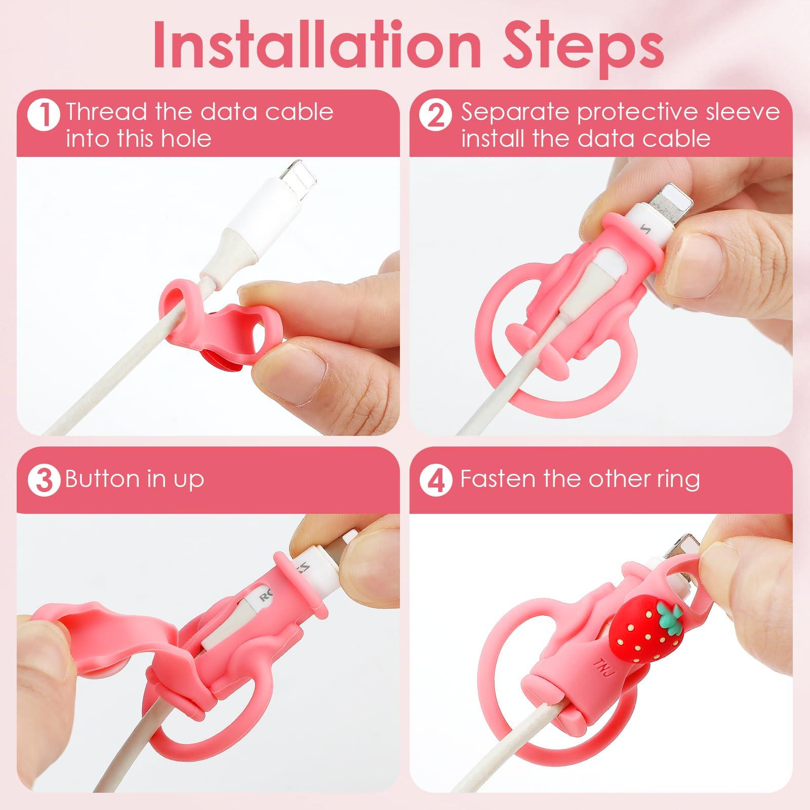 SAISN Cable Protector for iPhone Charger, SAISN Silicone Charger Cord Protector Cute Strawberry Wire Protector 2 in 1 Flexible Cable Protectors for Cords Anti-Break Charging Cable Cord Saver Winder