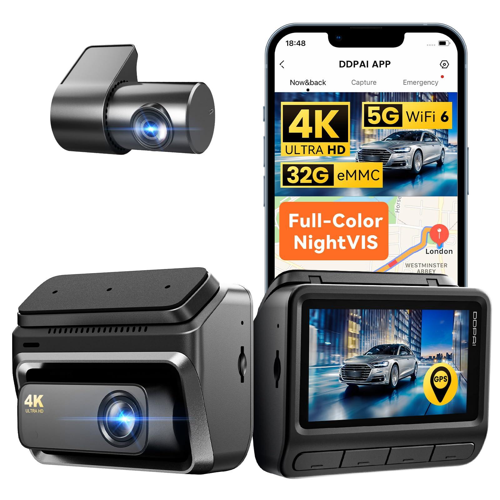 ddpai DDPAI 4K Dash Cam Front and Rear, 2160P+1080P Dash Camera for Cars, up to 15MB/s 5GHz WiFi Dashcam with 32G eMMC, GPS, Night Vision, 3\" IPS, WDR ADAS 20 Days Parking Mode Loop Recording G-Sensor, Z60