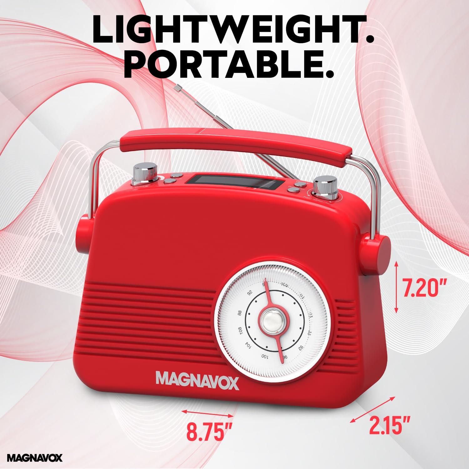 Magnavox Magnavox Retro Dual Alarm Clock FM Radio - Bluetooth Wireless Technology, LCD Display, Snooze & Sleep Timer - Ideal for Home, Bedroom & Office (Red)