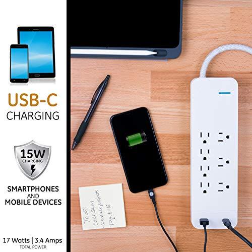 GE home electrical GE UltraPro 7 Outlet Surge Protector, USB-C Charging, 4 ft Designer Braided Extension Cord, 1440 Joules, Compatible w/ iPhone 15/14/Pro/Max/13/12/11/X, Galaxy, Google Pixel, White, 41355
