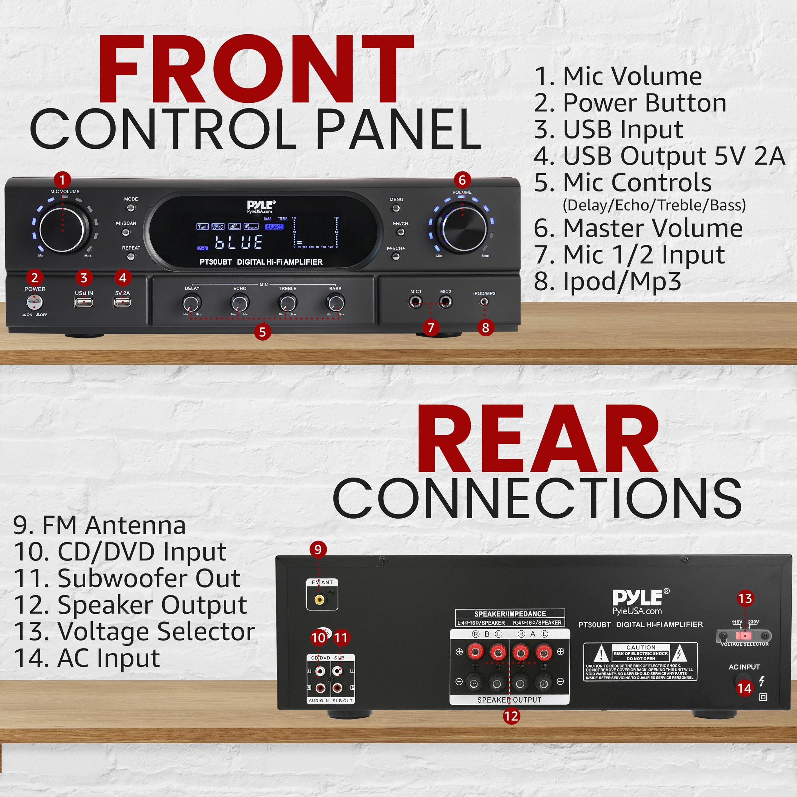 Pyle Pyle Bluetooth Home Theater Receiver Amplifier - 180W Peak Power Amp w/Treble, Bass, Echo Control, MP3/USB/FM, Dual Channel Audio Stereo System for Home Streaming Entertainment, Karaoke, Professional