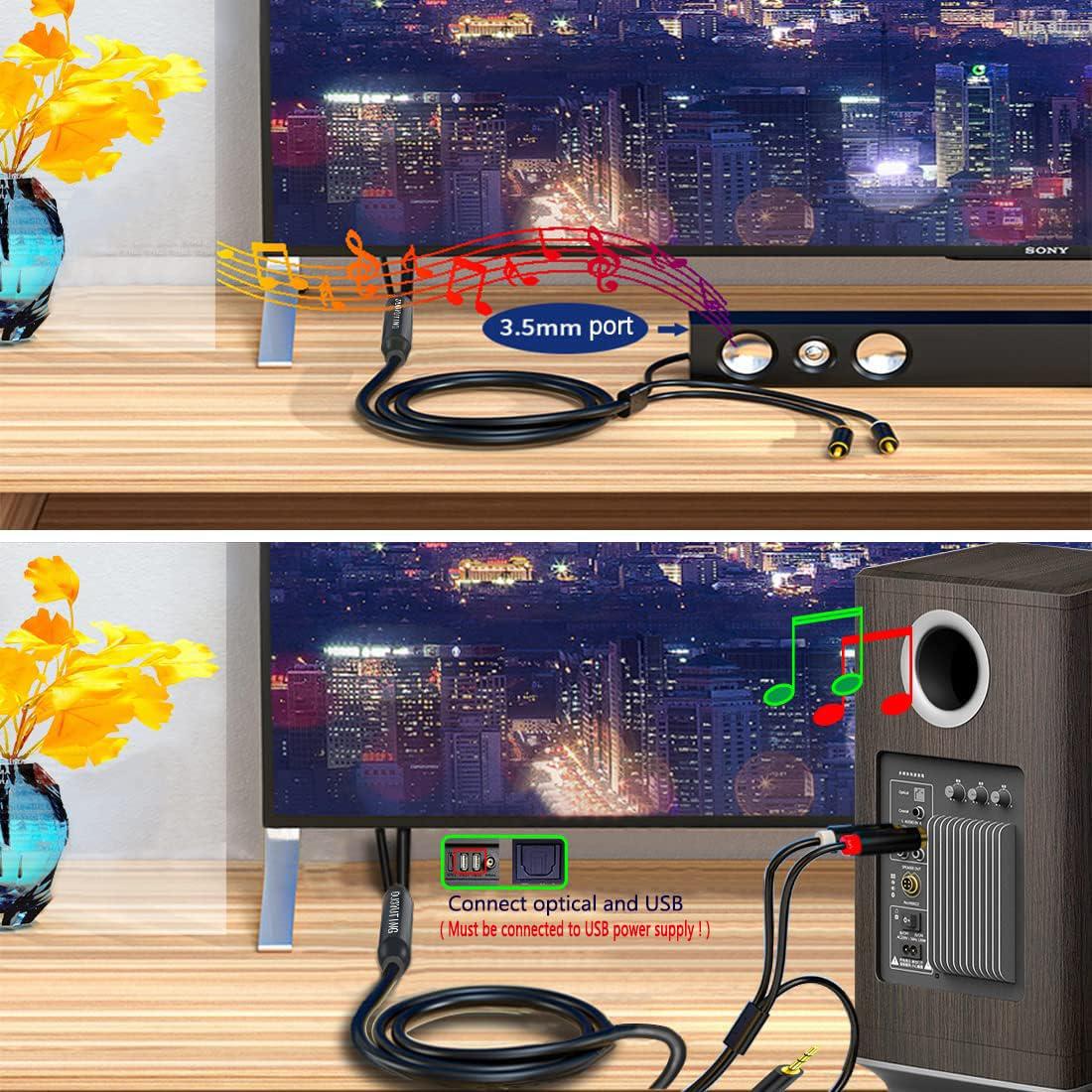 DUOYUTING Digital Optical to Analog 3.5mm AUX Audio Cable, Optical to 2 RCA Adapter, All-in-one D/A Audio Converter, for TV/PS4/Xbox/DVD SPDIF/TOSLINK/Optical Port to Sound Box Amplifier Headphones16.5FT)