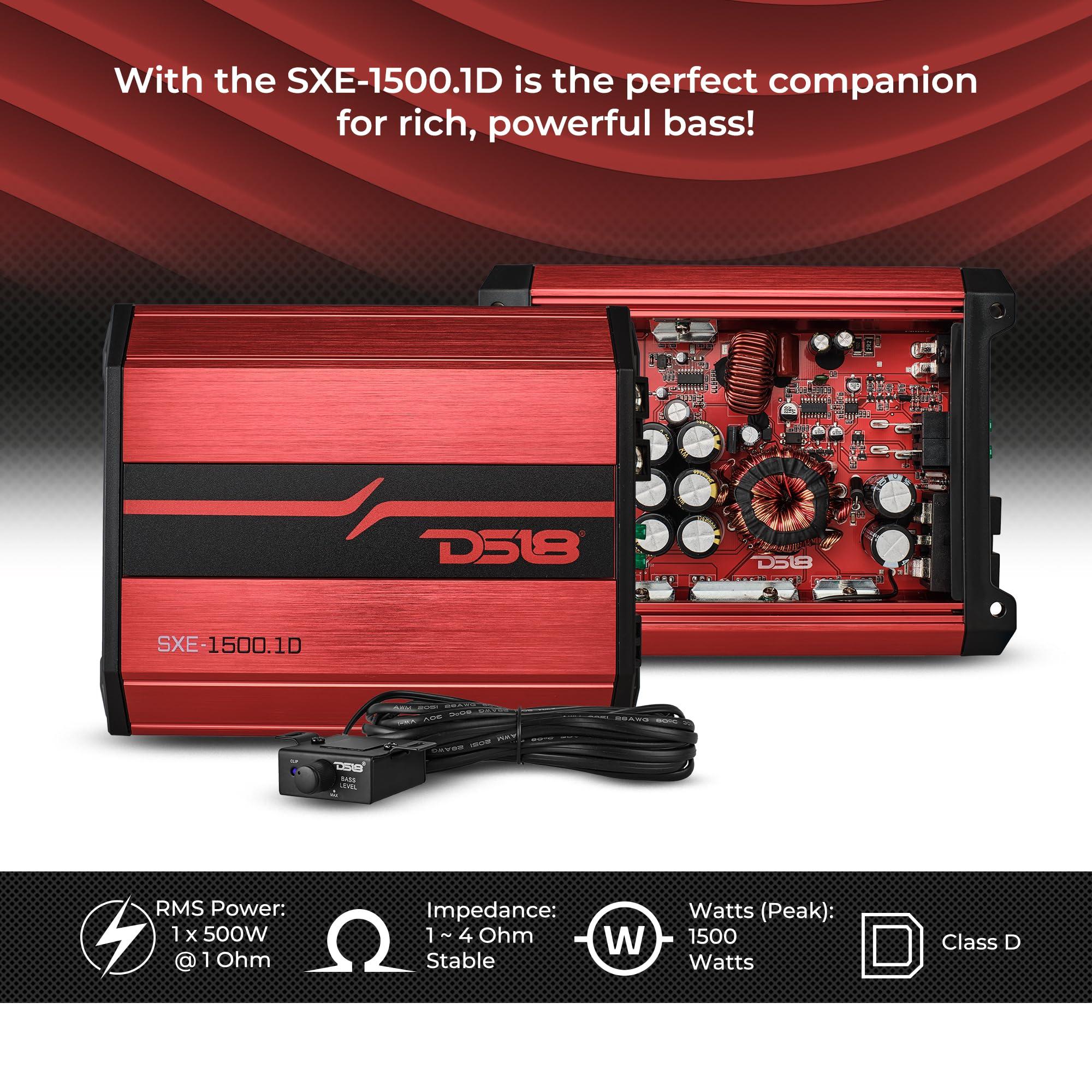 DS18 DS18 SXE-1500.1D SXE Class D Monoblock Car Amplifier 1 x 500 Watts RMS @ 1 Ohm 1500 Watts - Compact Amplifier with Remote Subwoofer Level Control (Black)