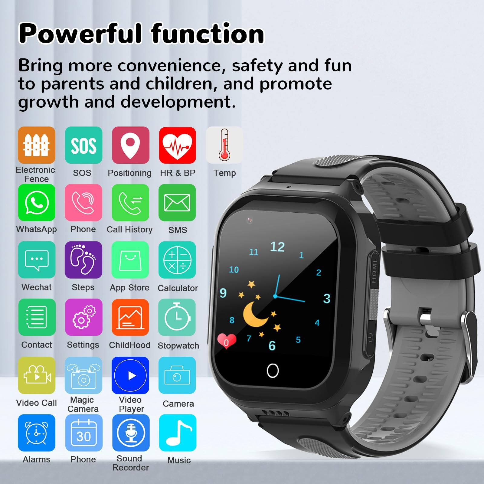 Getfitsoo Wonlex 4G Kids Smartwatch with SIM Card, GPS Smart Watch for Kids, Health Monitor Phone Watch With Temperature, Video Calls, Camera, Pedometer, Alarm, Music Player for Boys Girls Aged 4-15 (Black)