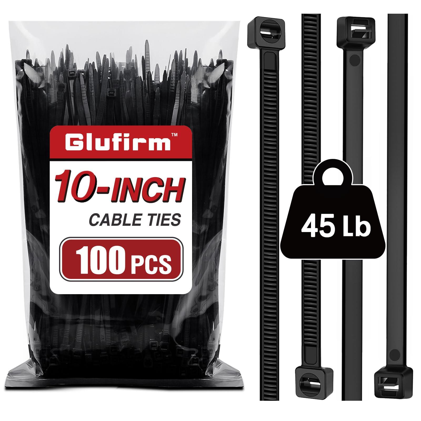 Glufirm Zip Ties 10 inch (100 Pack), Black Cable Ties, 45lb Tensile Strength, Wire Ties, Glufirm