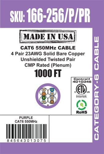 VC VERTICAL CABLE Vertical Cable CAT6, 550 MHz, UTP, 23AWG, 8C Solid Bare Copper, Plenum, 1000ft, Bulk Ethernet Cable - Made in USA, Purple