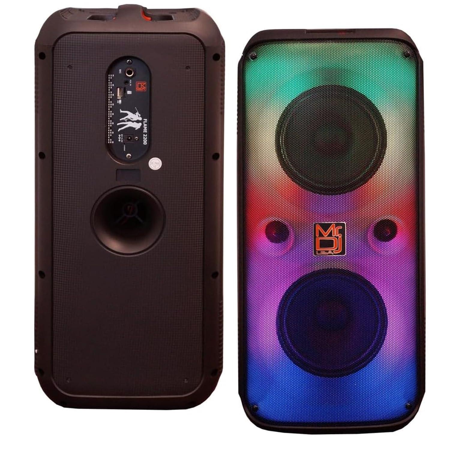 Mr. Dj MR DJ USA FLAME4200 10\" X 2 Rechargeable Portable Bluetooth Karaoke Speaker with Party Flame Lights Microphone TWS USB FM Radio + 7-LED Moving Head DJ Light