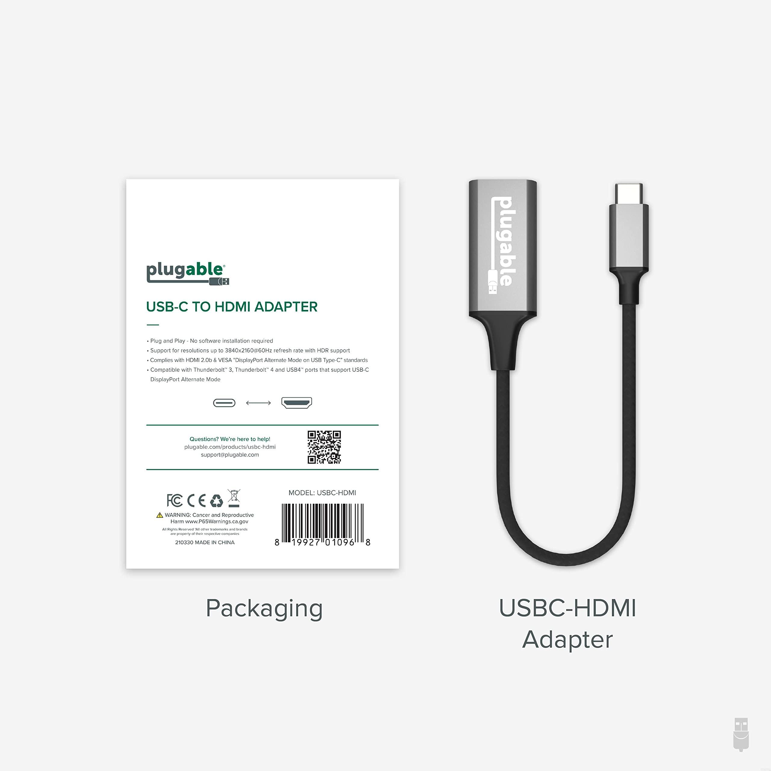 Plugable Plugable USB C to HDMI Adapter, HDMI 2.0, USB4 / Thunderbolt Adapter for 4K Monitor up to 4K 60Hz (USBC-HDMI) iPhone 15+, iPad Pro, MacBook Pro, Dell XPS, Surface Laptop, Lenovo, HP - Driverless